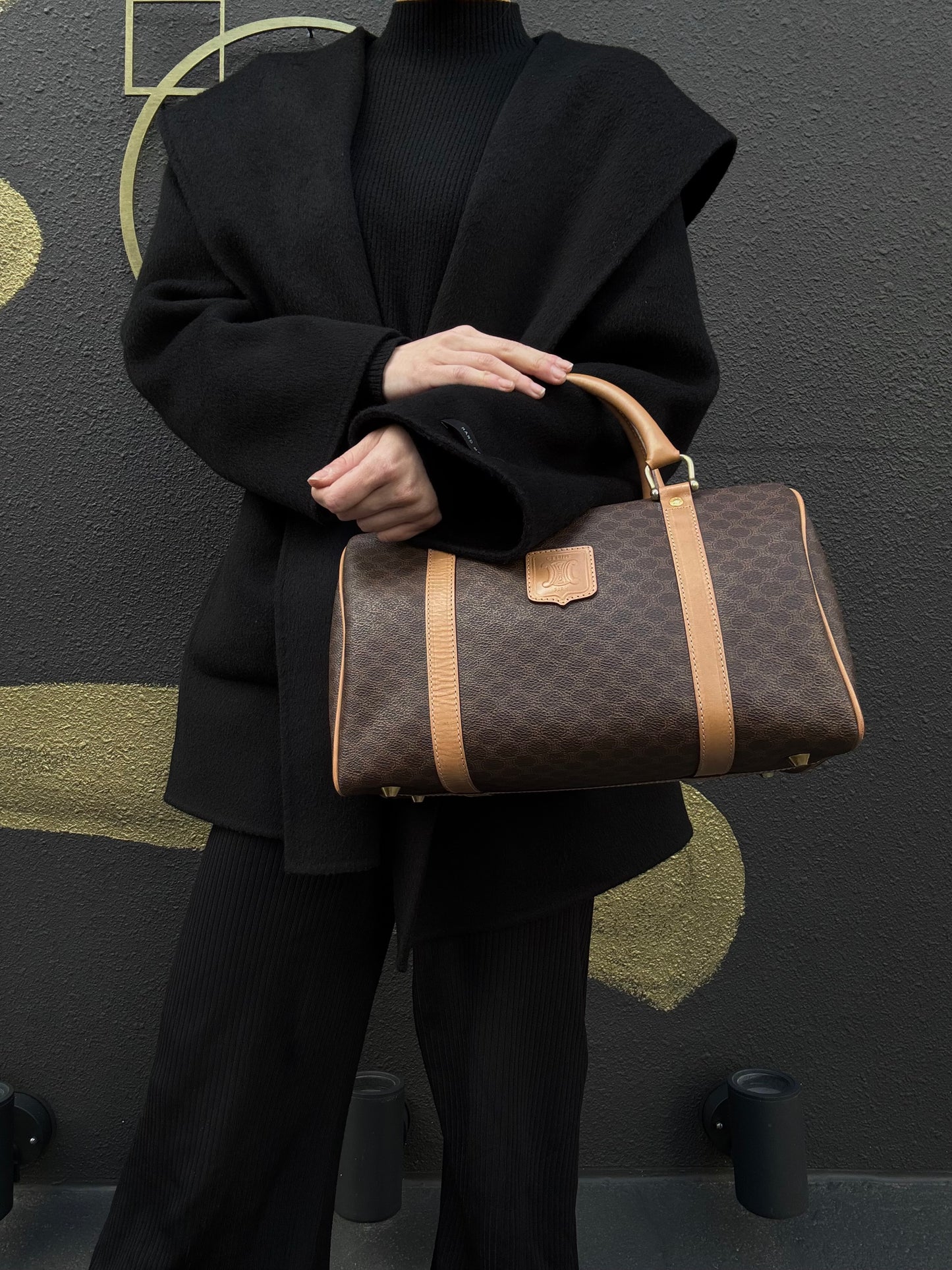CELINE Macadam Monogram PVC Boston Handbag, Brown