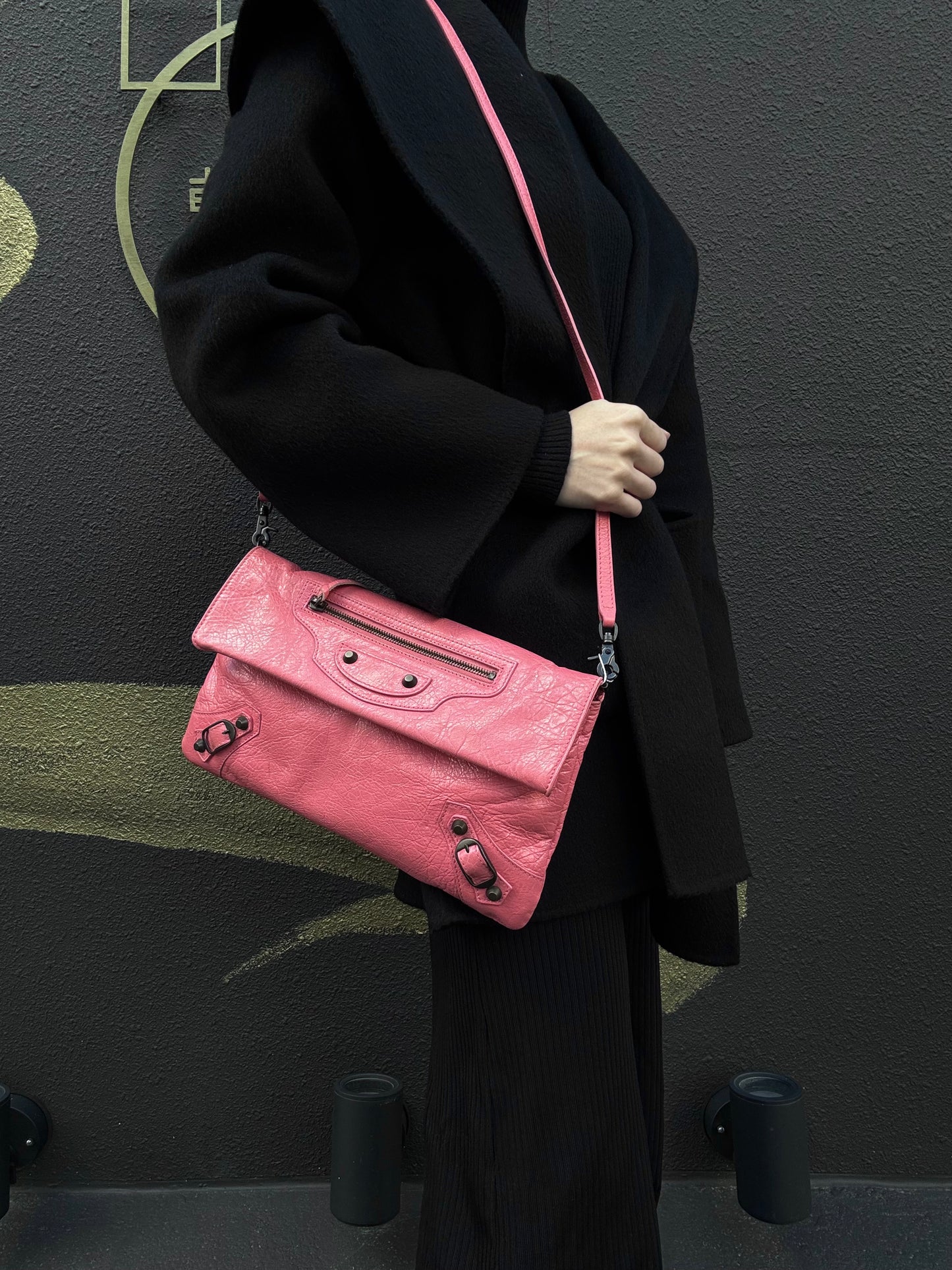 BALENCIAGA Pink Crinkled Lambskin Leather Motorcycle Crossbody Bag