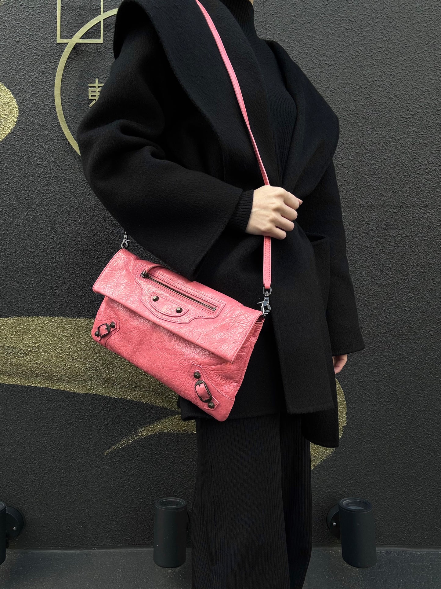 BALENCIAGA Pink Crinkled Lambskin Leather Motorcycle Crossbody Bag