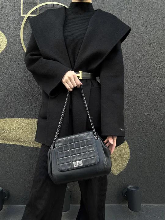 CHANEL 2.55 Shoulder Bag, Lambskin, Black, Silver-tone Hardware