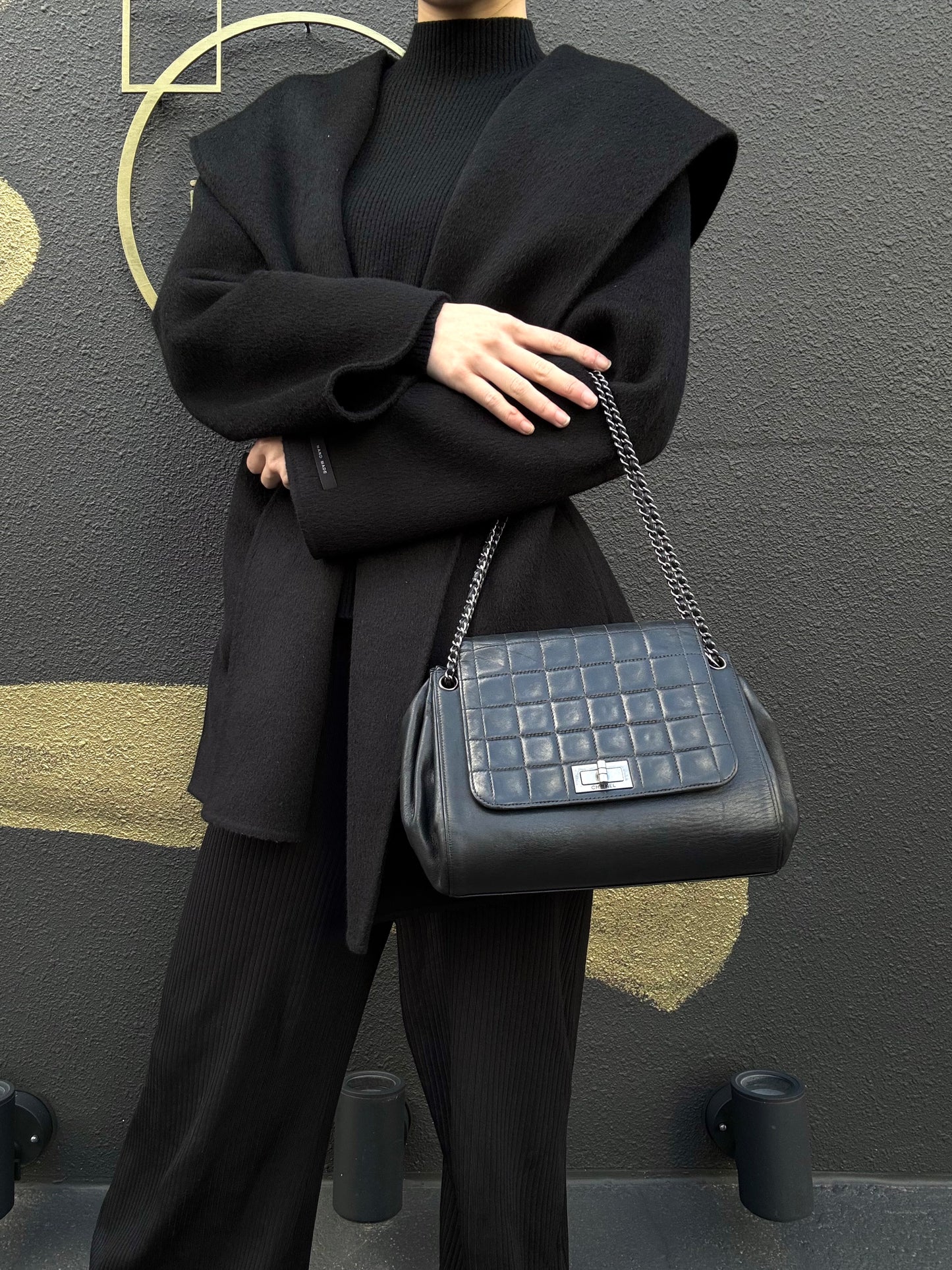 CHANEL 2.55 Shoulder Bag, Lambskin, Black, Silver-tone Hardware
