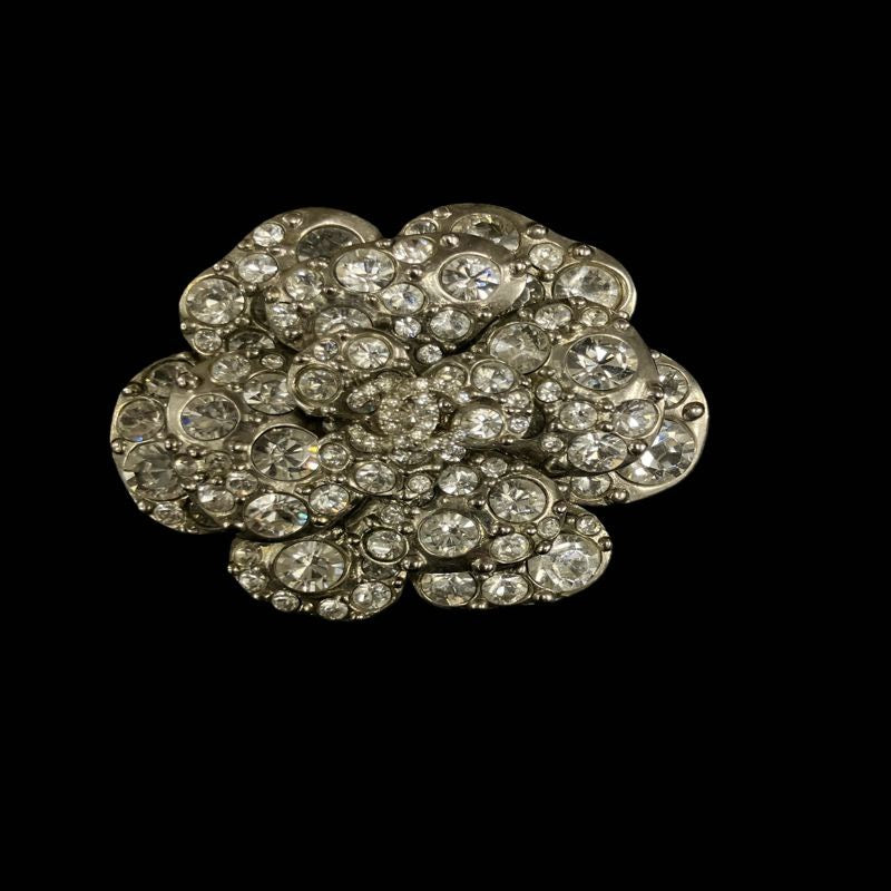 CHANEL Camellia Brooch, Rhinestone, Silver-Tone Hardware | CHANEL Silver Alloy Diamond Camellia Brooch
