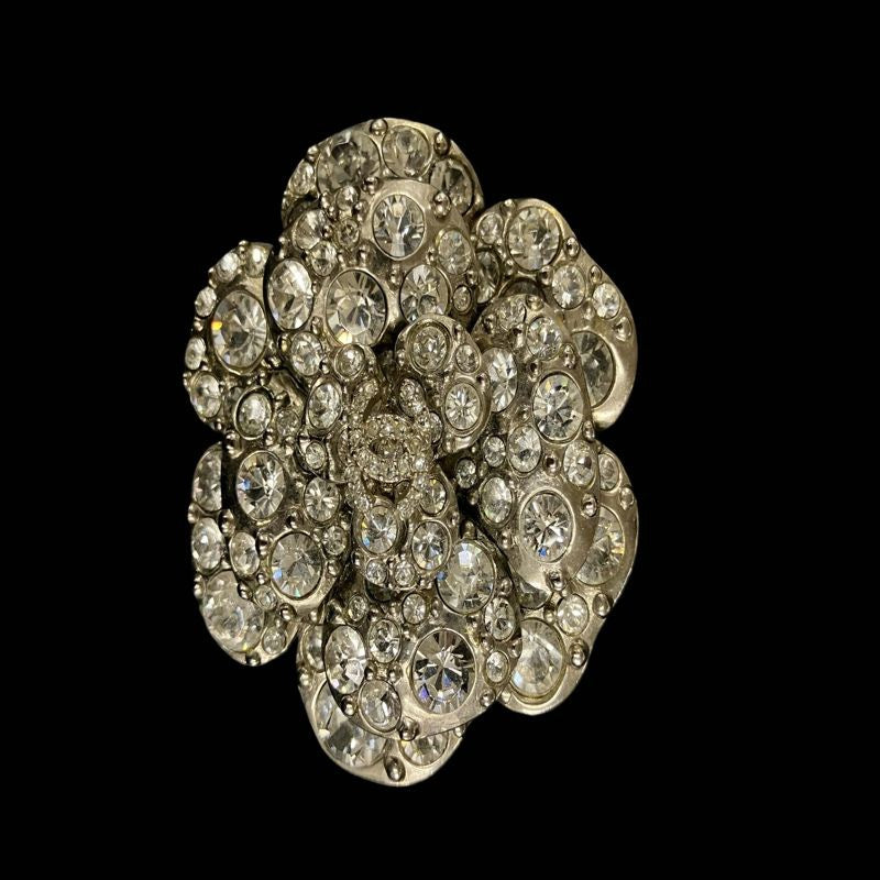 CHANEL Camellia Brooch, Rhinestone, Silver-Tone Hardware | CHANEL Silver Alloy Diamond Camellia Brooch