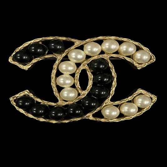 CHANEL Brooch, Faux Pearl, Black/White, Gold-Tone Hardware | CHANEL Gold Alloy