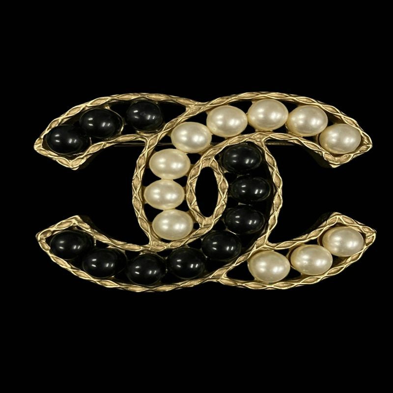 CHANEL Brooch, Faux Pearl, Black/White, Gold-Tone Hardware | CHANEL Gold Alloy