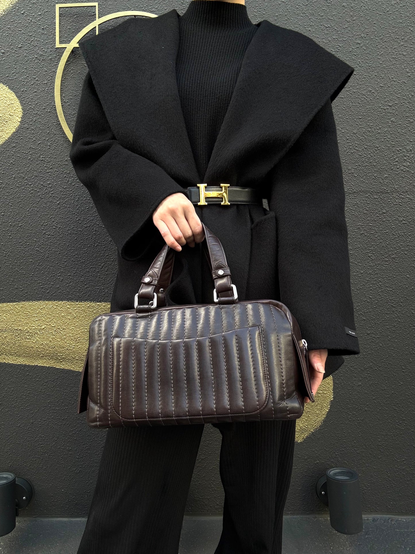 CHANEL Handbag Leather Brown Silver Hardware
