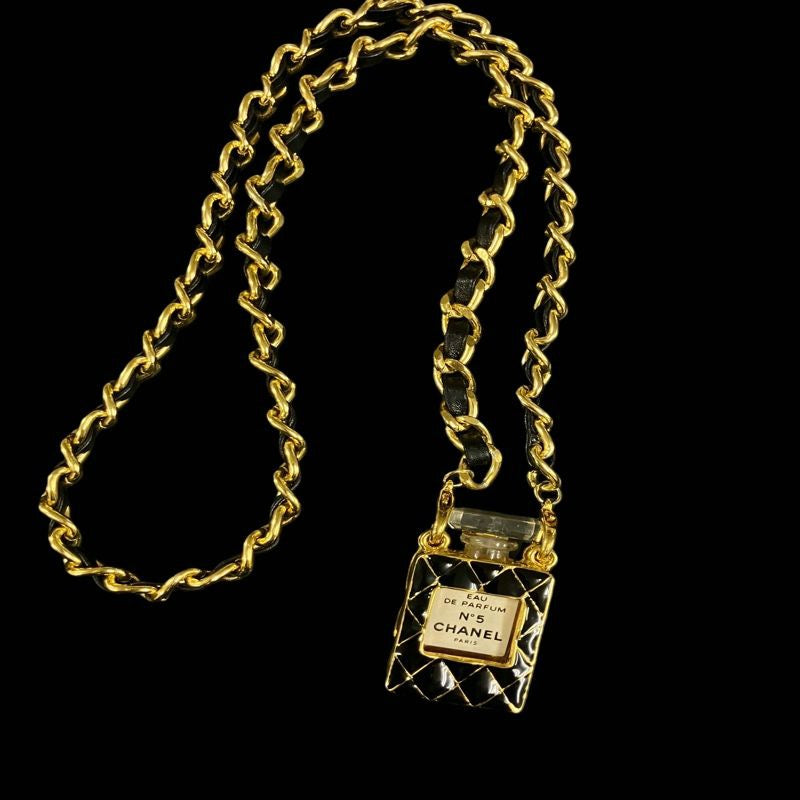 CHANEL Perfume Bottle Pendant Necklace, Gold-Tone Hardware CHANEL Gold-Tone Alloy Leather & Chain Perfume Bottle Sweater Necklace