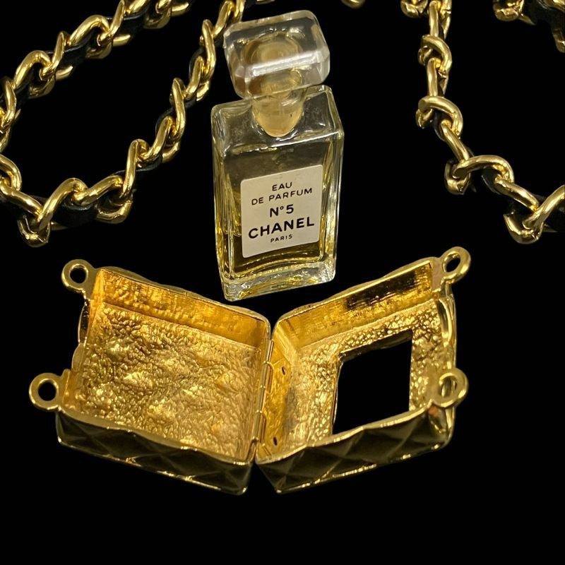 CHANEL Perfume Bottle Pendant Necklace, Gold-Tone Hardware CHANEL Gold-Tone Alloy Leather & Chain Perfume Bottle Sweater Necklace