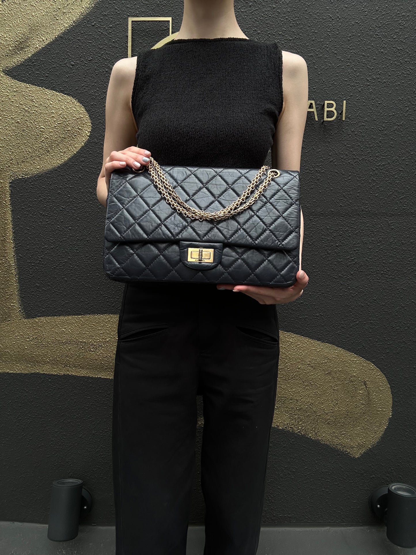 CHANEL Matelassé 2.55 Classic Flap Shoulder Bag Oiled Leather Black Gold Hardware