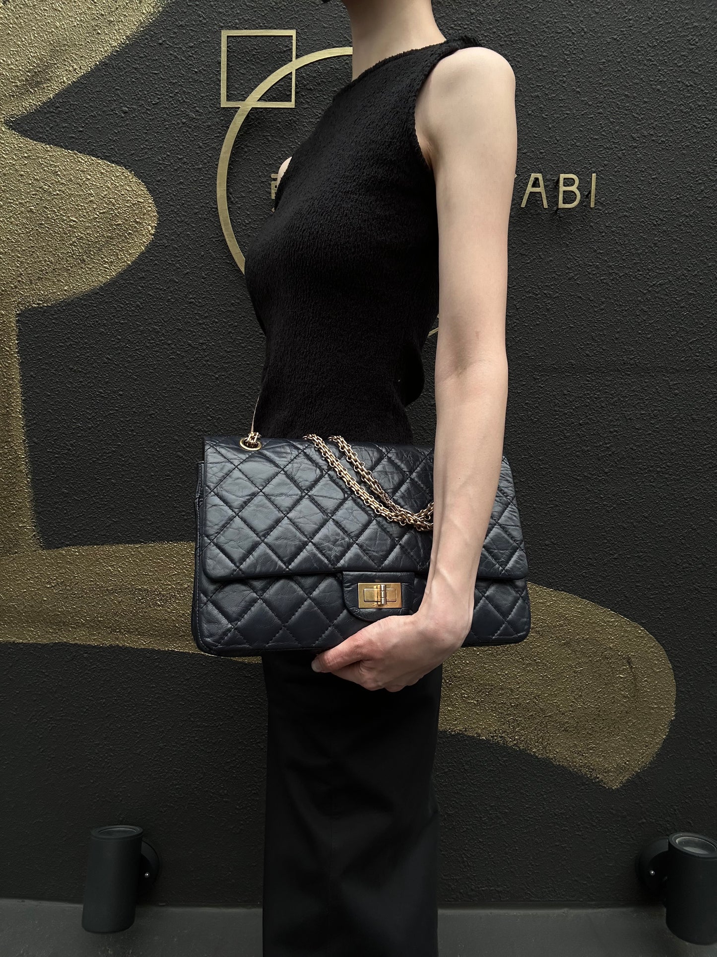 CHANEL Matelassé 2.55 Classic Flap Shoulder Bag Oiled Leather Black Gold Hardware