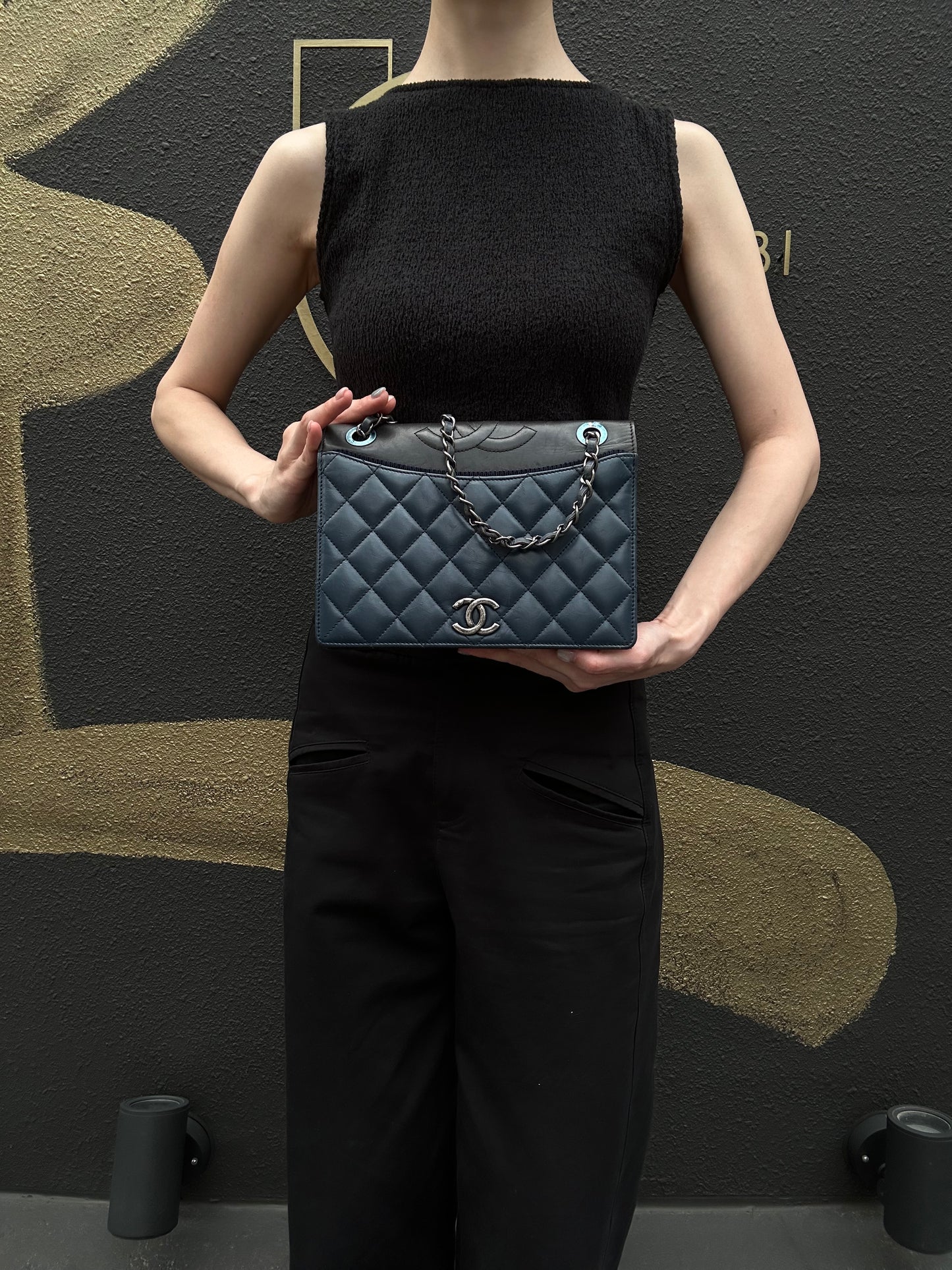 CHANEL Matelasse Lambskin Shoulder Bag Blue Silver Hardware
