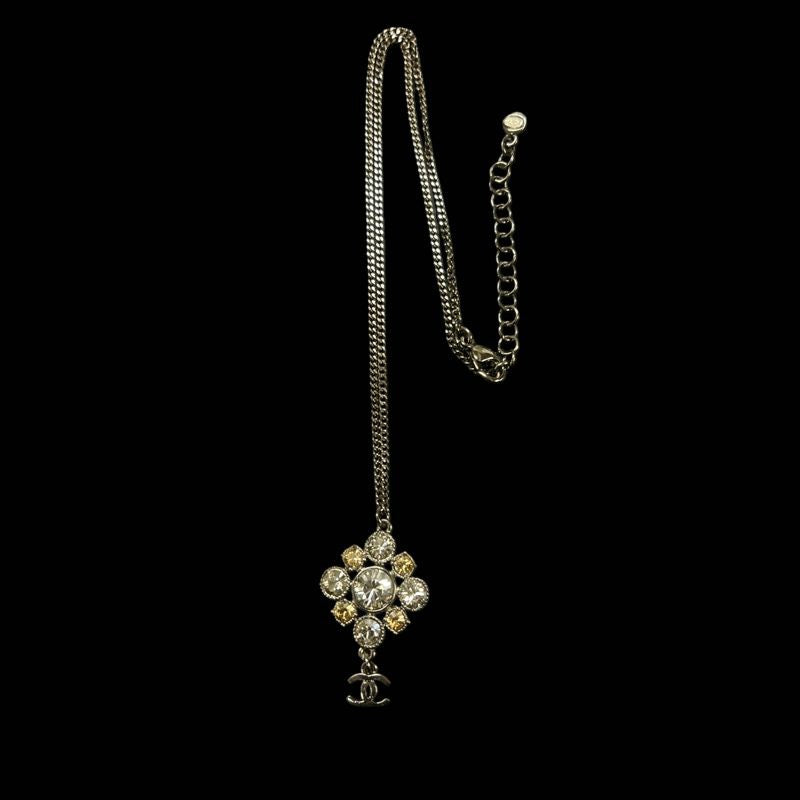 CHANEL Necklace, Silver-tone Hardware, Silver, Alloy with Rhinestones, Flower Necklace