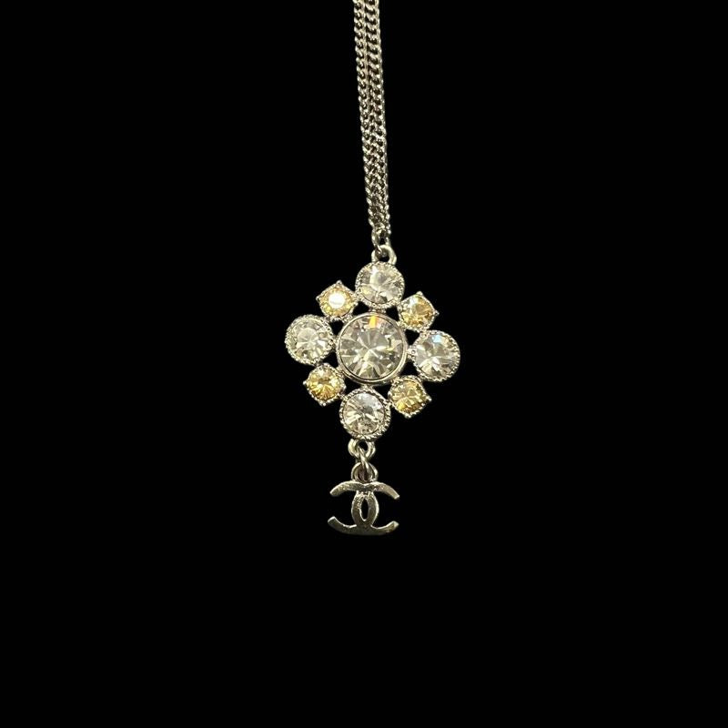 CHANEL Necklace, Silver-tone Hardware, Silver, Alloy with Rhinestones, Flower Necklace