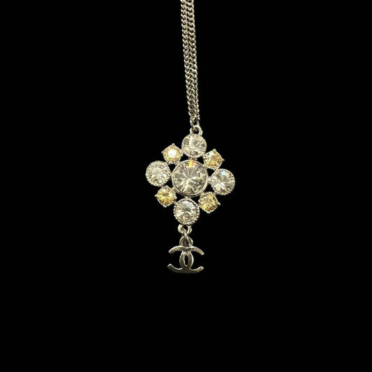 CHANEL Necklace, Silver-tone Hardware, Silver, Alloy with Rhinestones, Flower Necklace