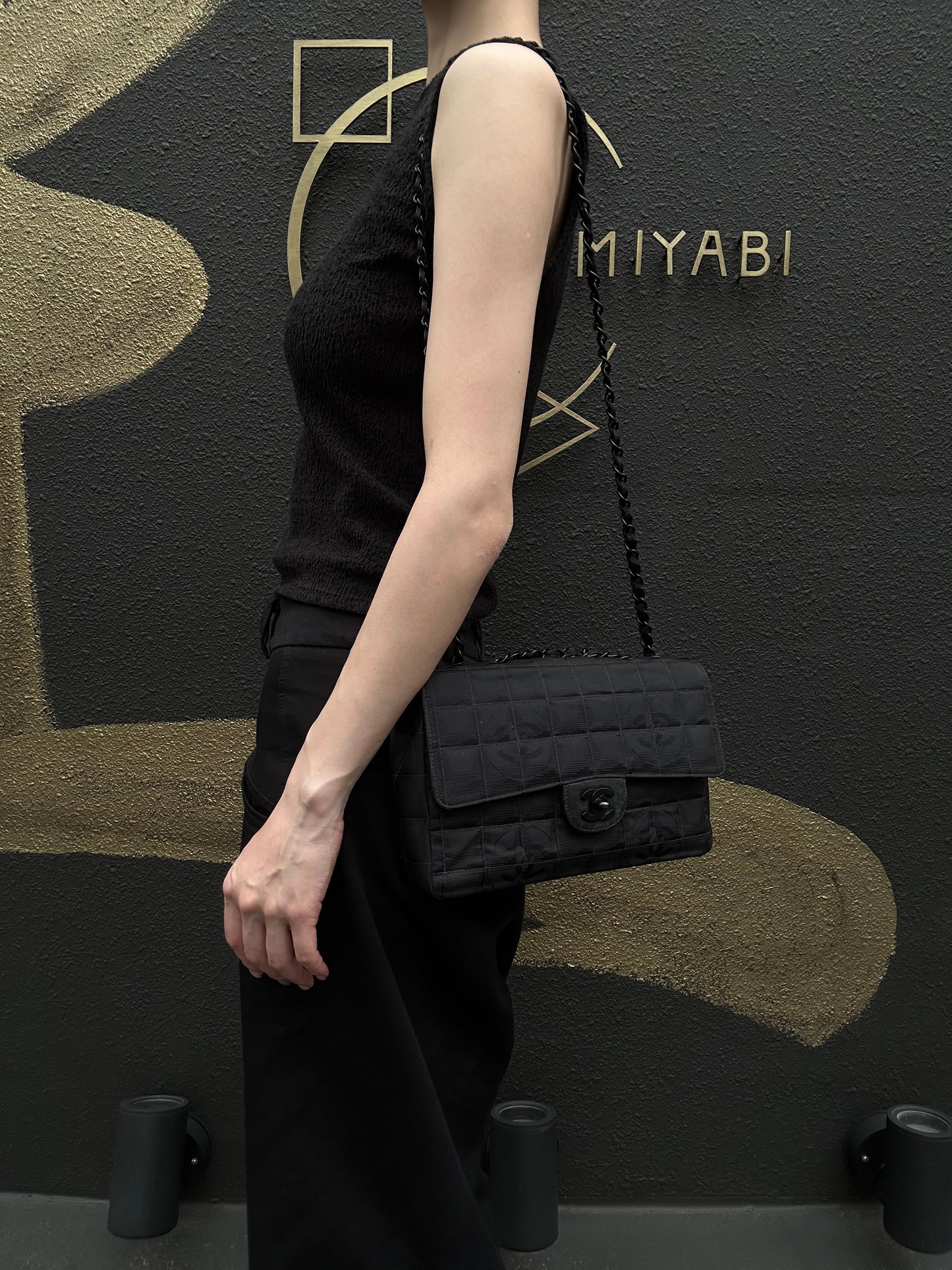 CHANEL New Travel Line CF Shoulder Bag Nylon Black Black Hardware