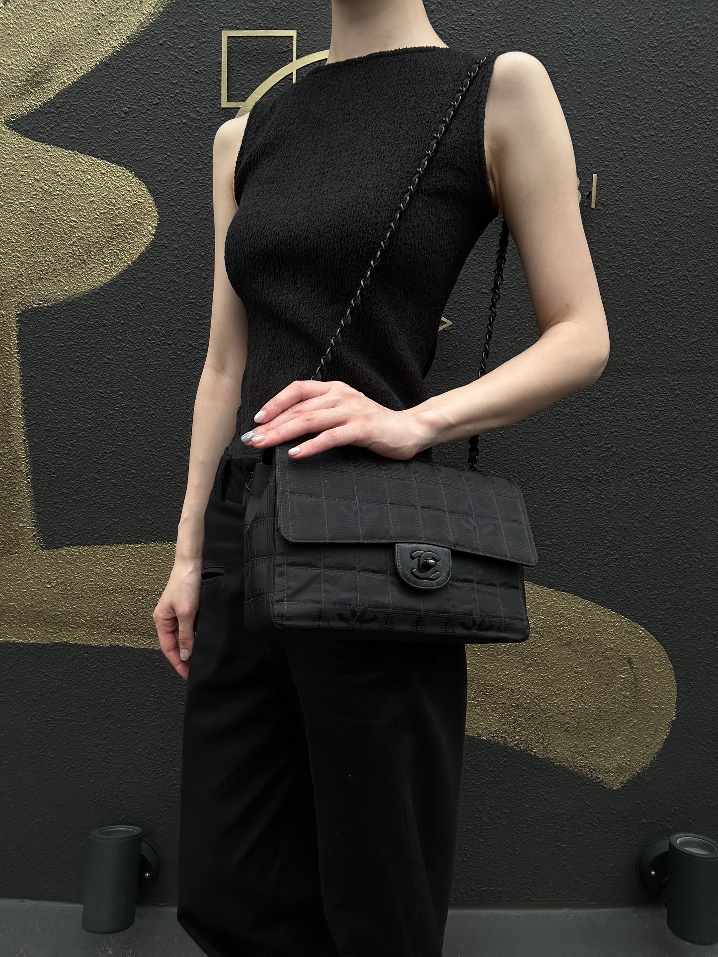 CHANEL New Travel Line CF Shoulder Bag Nylon Black Black Hardware