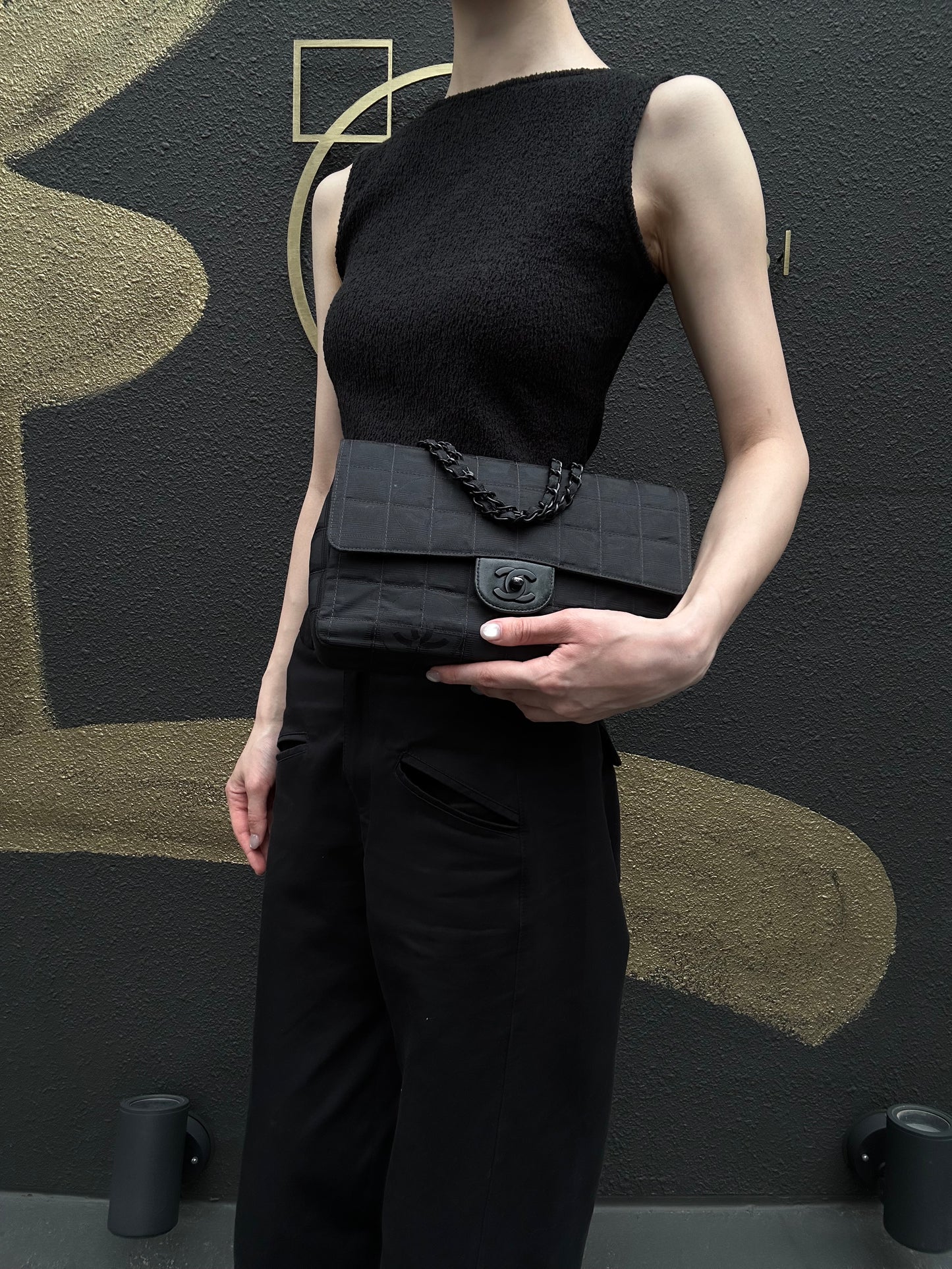 CHANEL New Travel Line CF Shoulder Bag Nylon Black Black Hardware