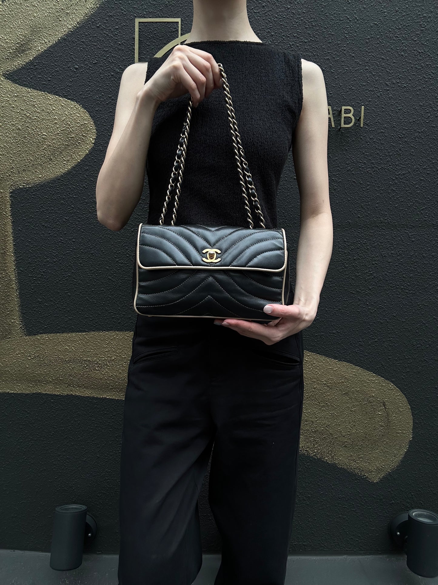 CHANEL Lambskin Shoulder Bag Black Gold-Tone Hardware