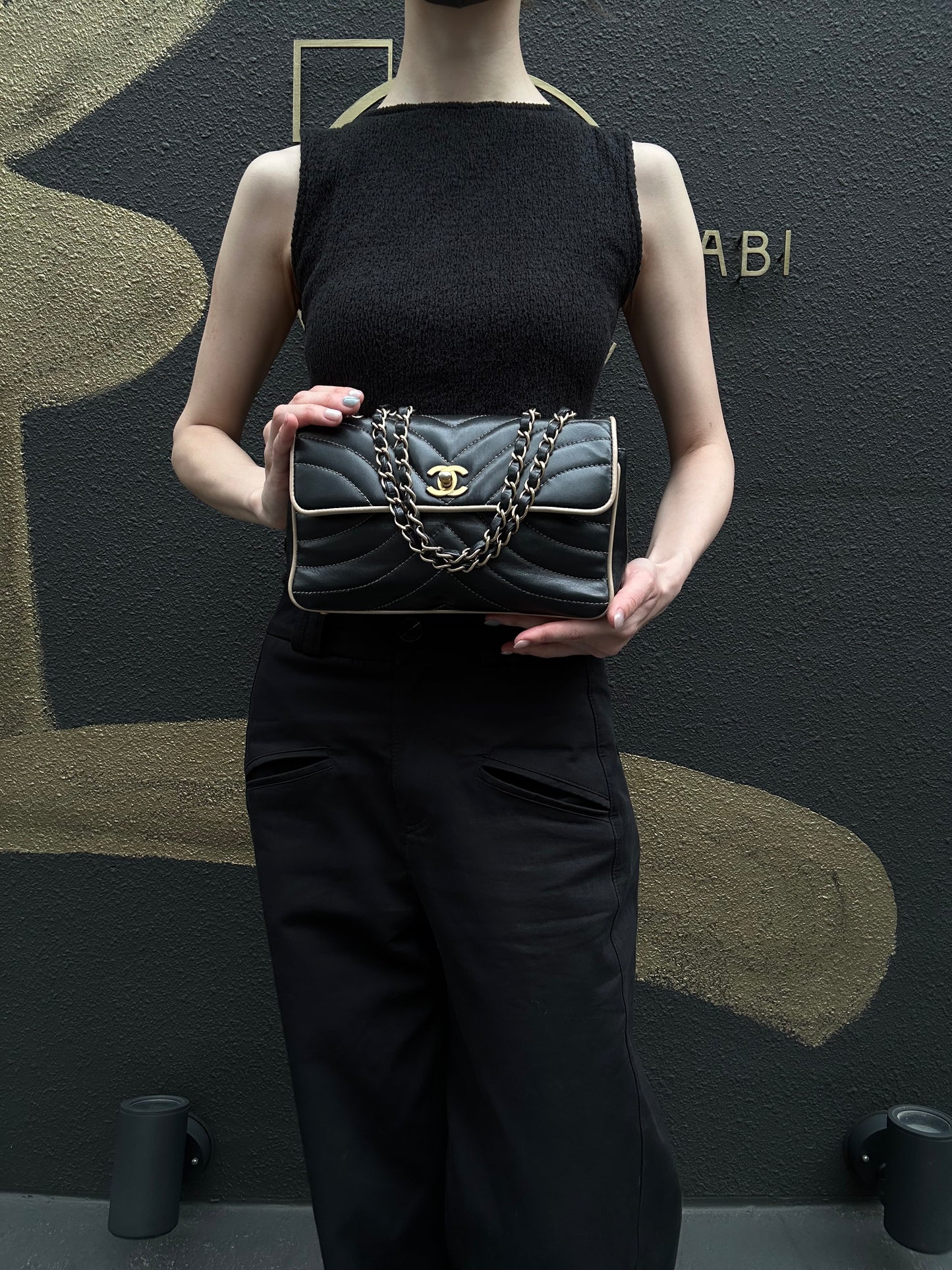 CHANEL Lambskin Shoulder Bag Black Gold-Tone Hardware