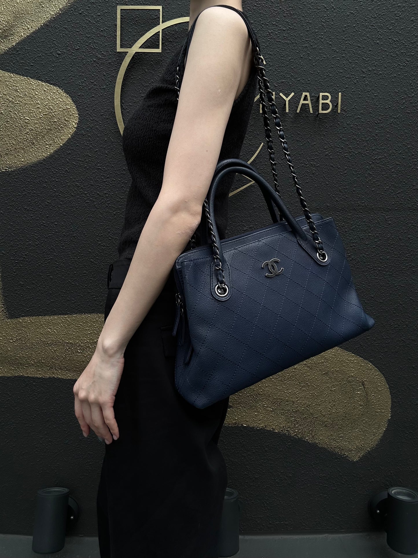 CHANEL Matelasse Calfskin Tote Shoulder Bag Blue Silver Hardware
