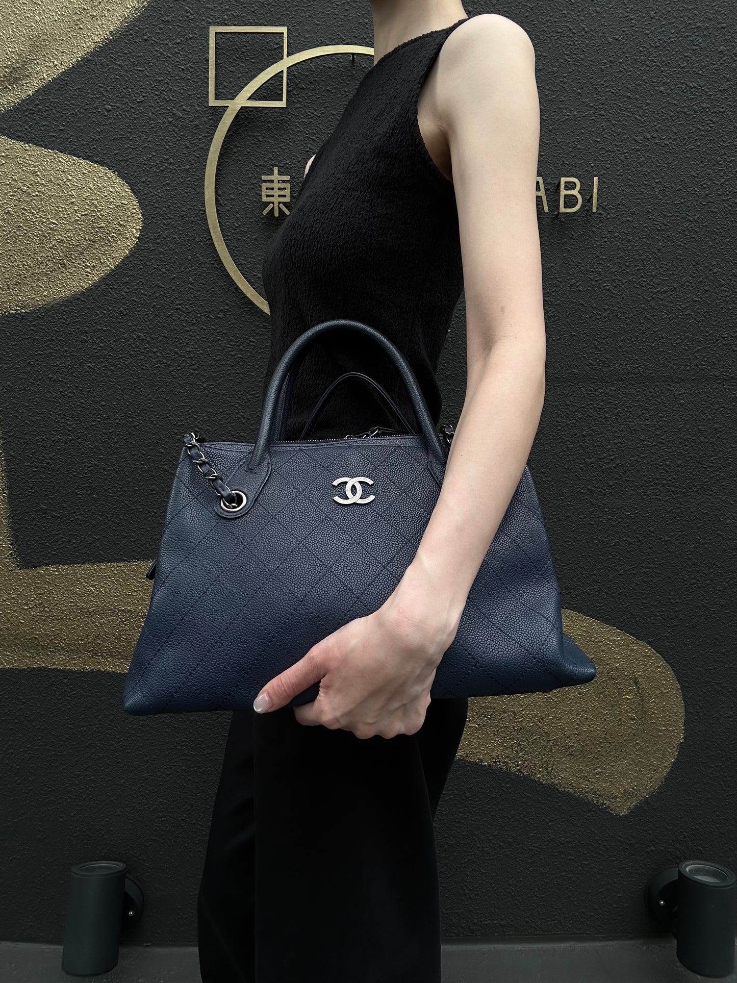 CHANEL Matelasse Calfskin Tote Shoulder Bag Blue Silver Hardware