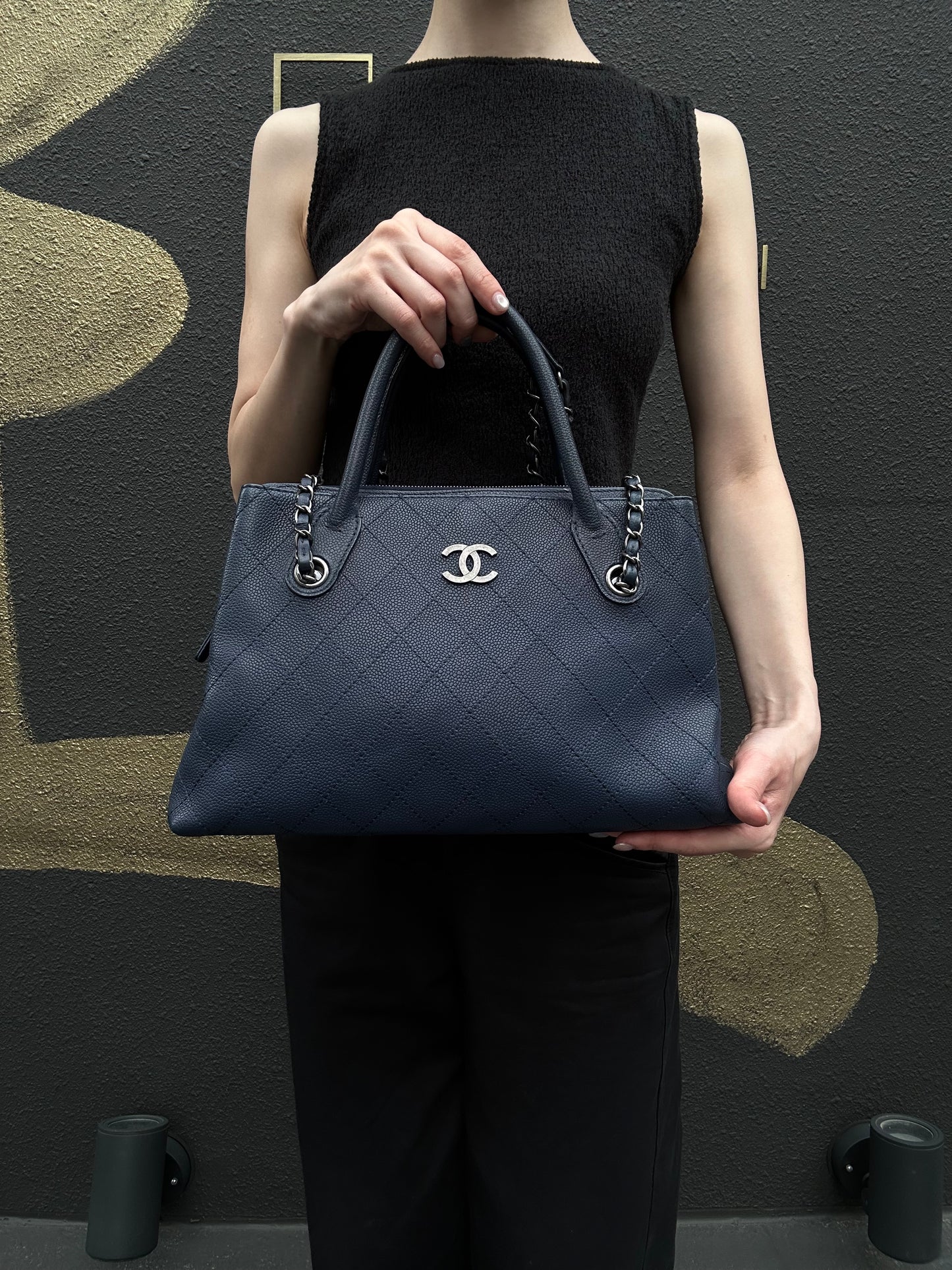 CHANEL Matelasse Calfskin Tote Shoulder Bag Blue Silver Hardware