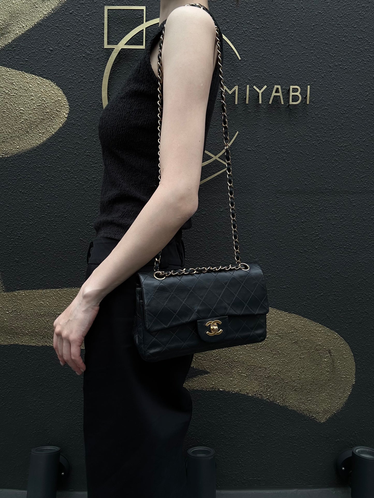 CHANEL Matelasse Classic Flap Shoulder Bag Lambskin Black Gold Hardware