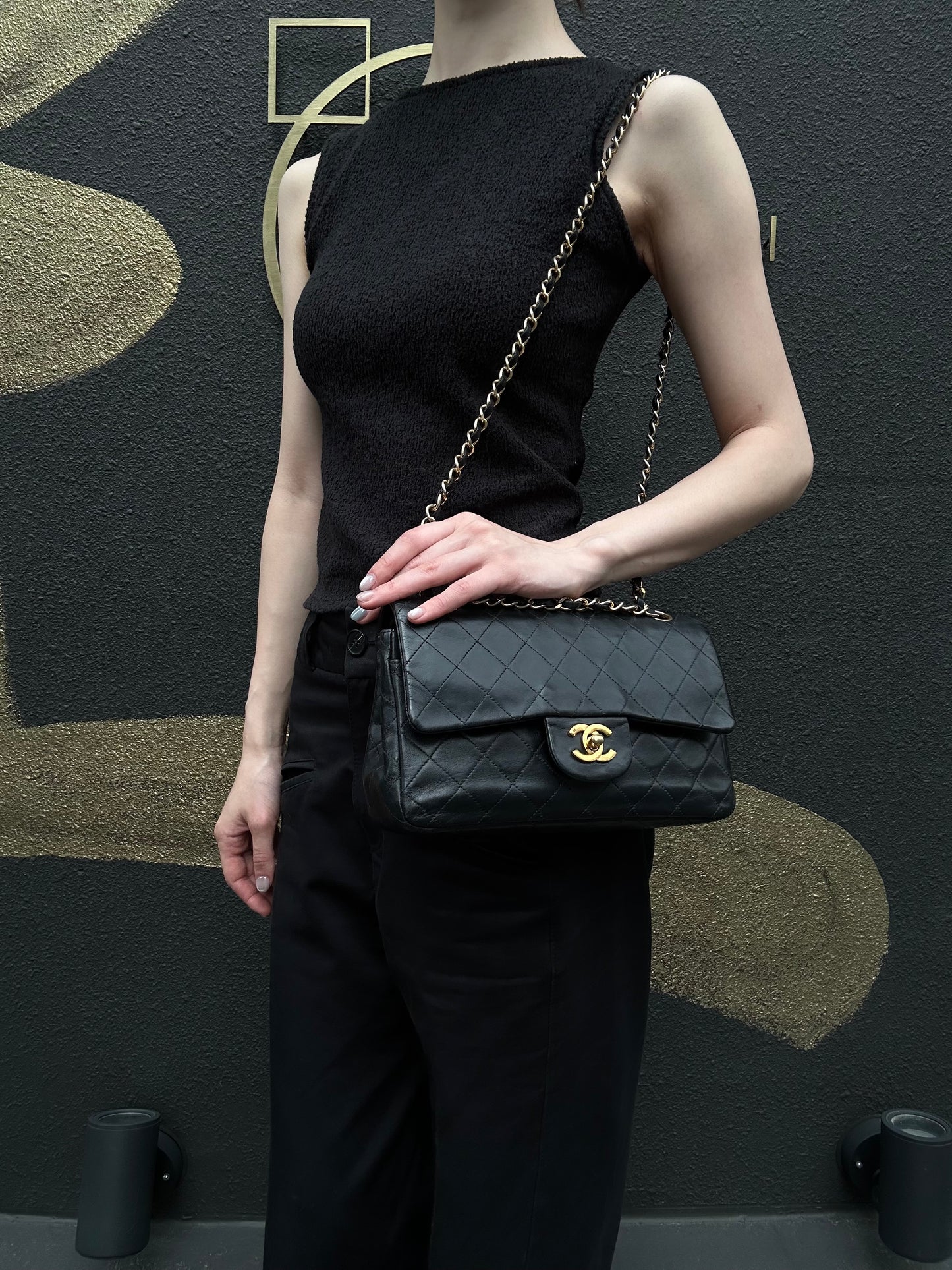 CHANEL Matelasse Classic Flap Shoulder Bag Lambskin Black Gold Hardware