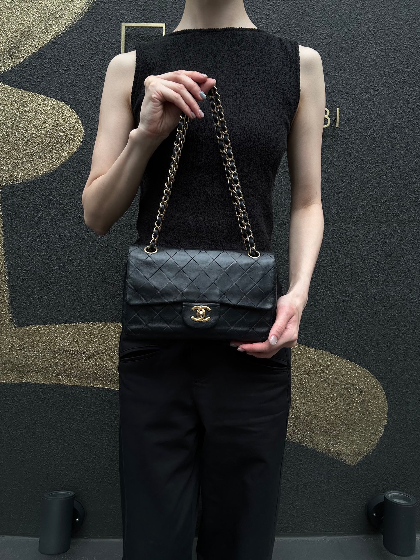 CHANEL Matelasse Classic Flap Shoulder Bag Lambskin Black Gold Hardware