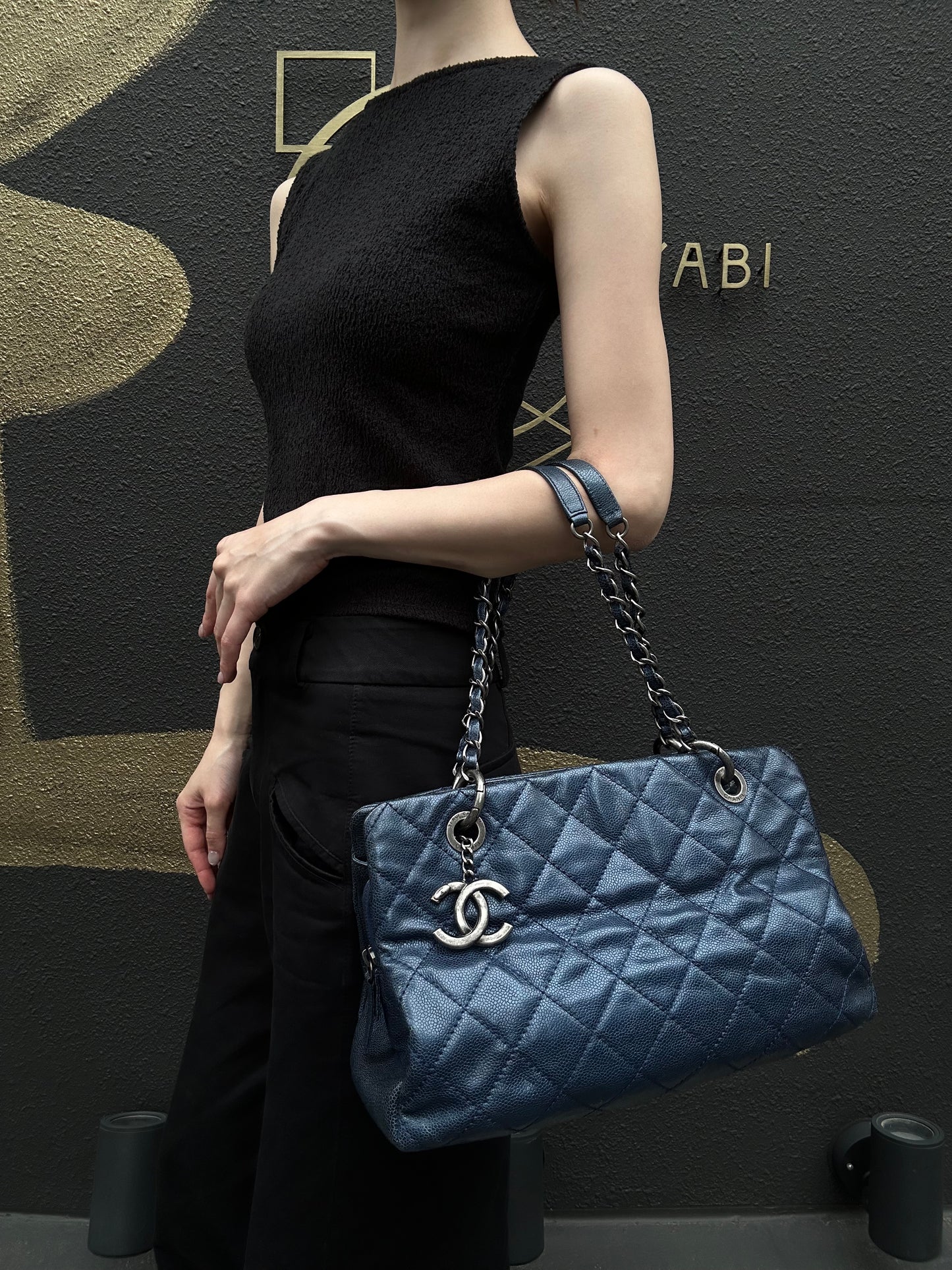 CHANEL Matelasse Calfskin Tote Shoulder Bag Navy Blue Silver Hardware