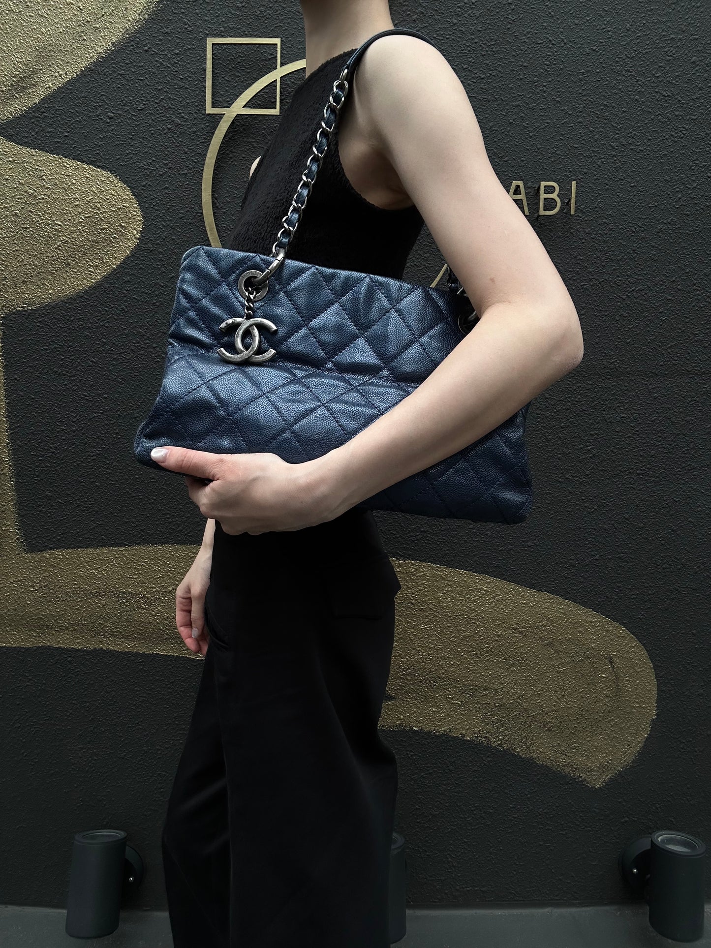 CHANEL Matelasse Calfskin Tote Shoulder Bag Navy Blue Silver Hardware