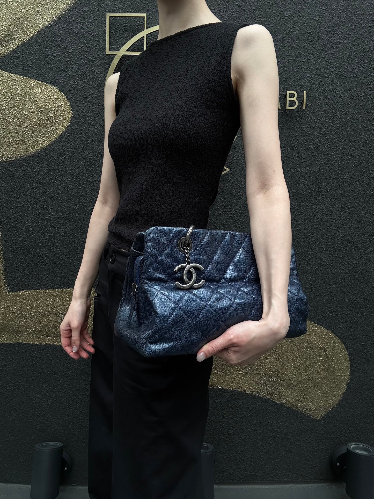 CHANEL Matelasse Calfskin Tote Shoulder Bag Navy Blue Silver Hardware