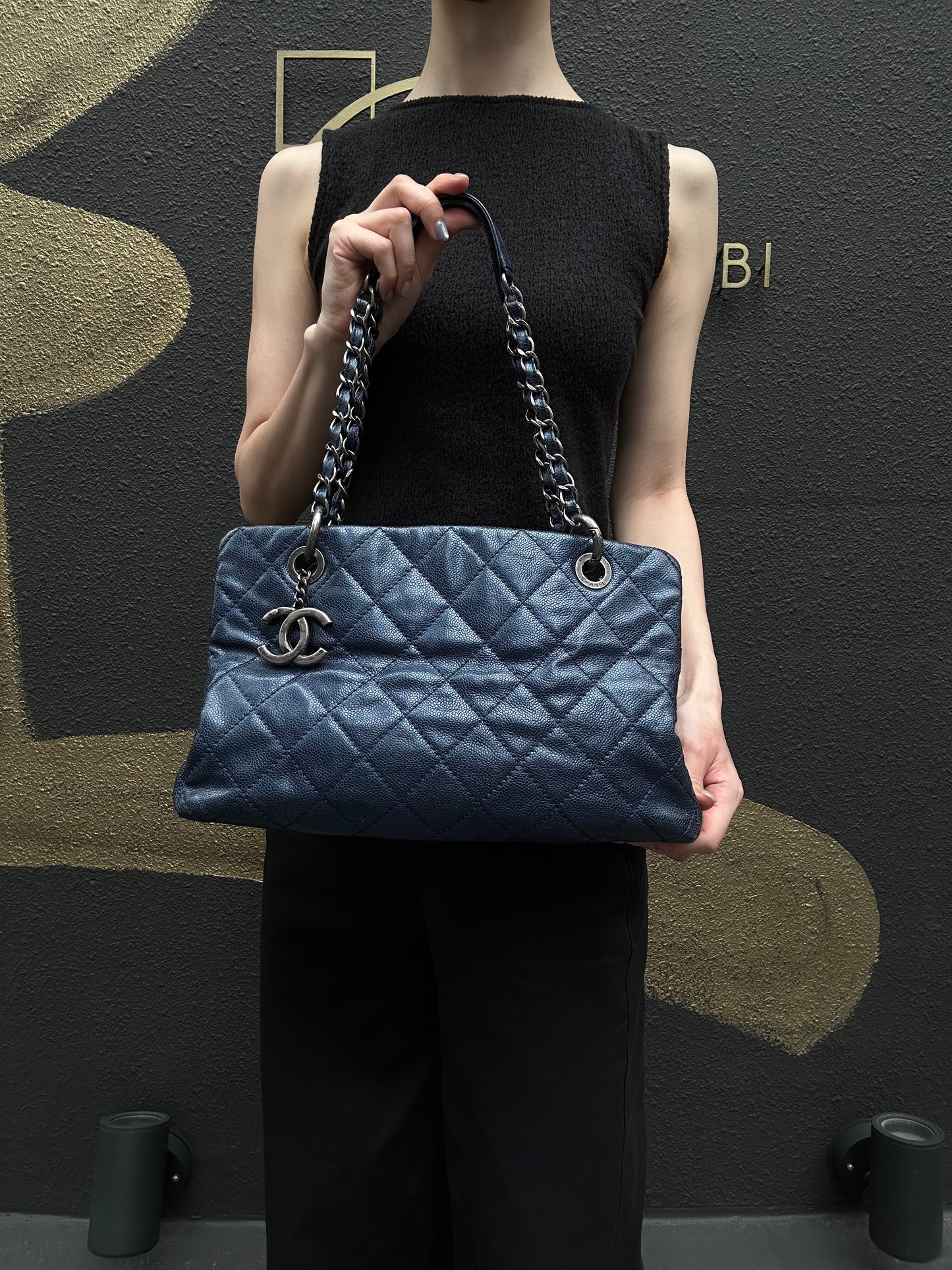 CHANEL Matelasse Calfskin Tote Shoulder Bag Navy Blue Silver Hardware