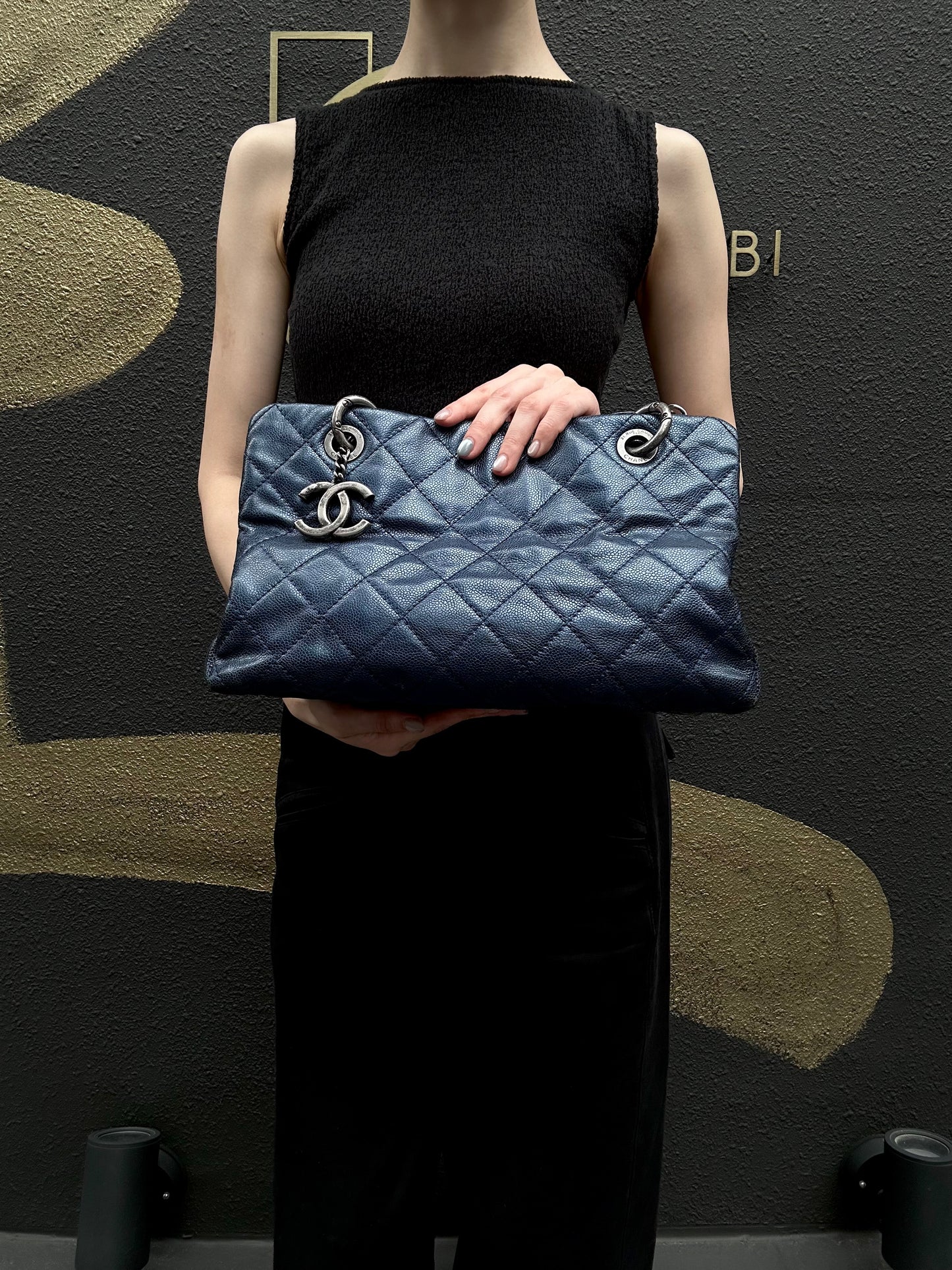 CHANEL Matelasse Calfskin Tote Shoulder Bag Navy Blue Silver Hardware
