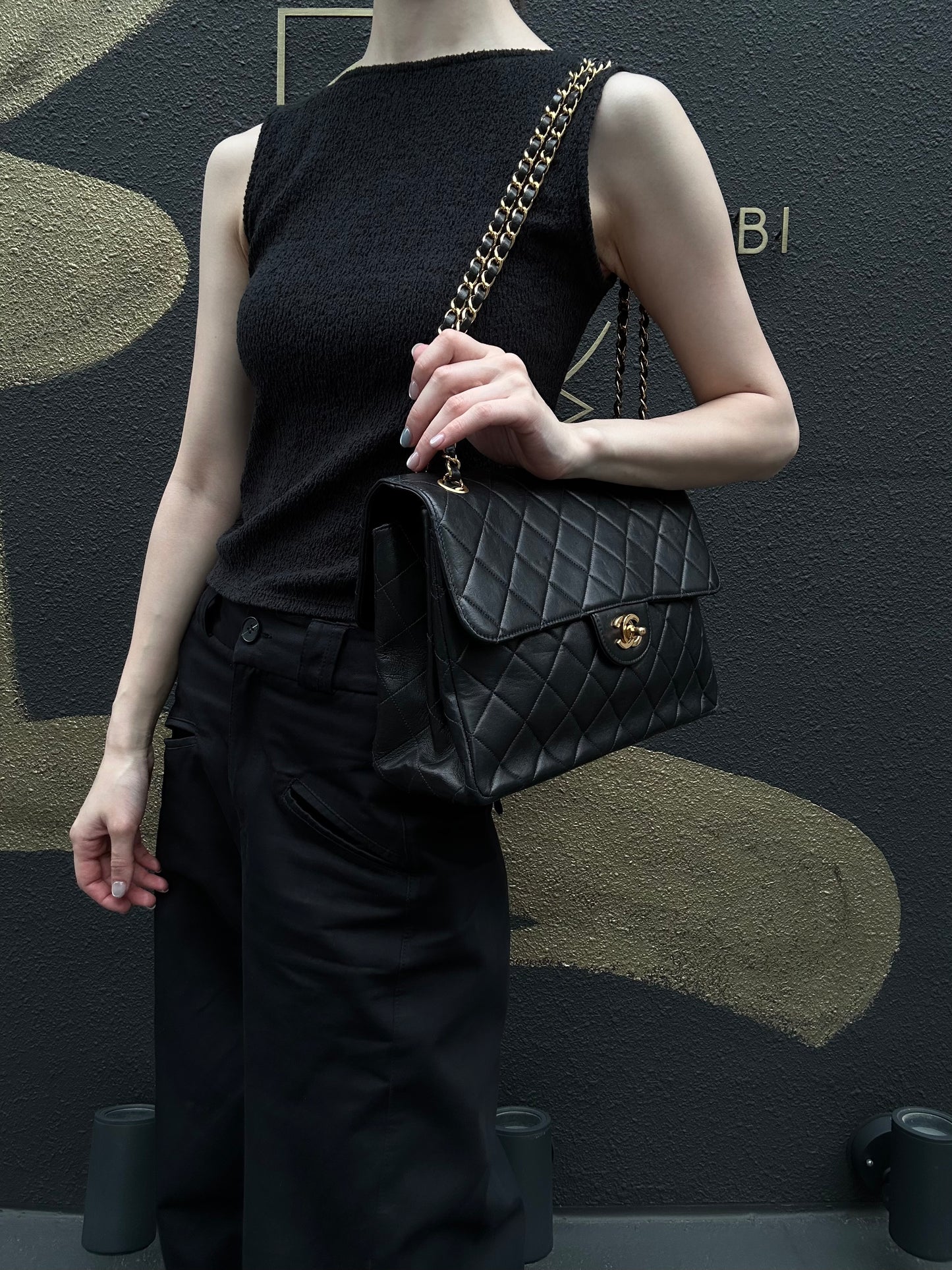 CHANEL Matelasse Classic Flap Jumbo Shoulder Bag Lambskin Black Gold Hardware