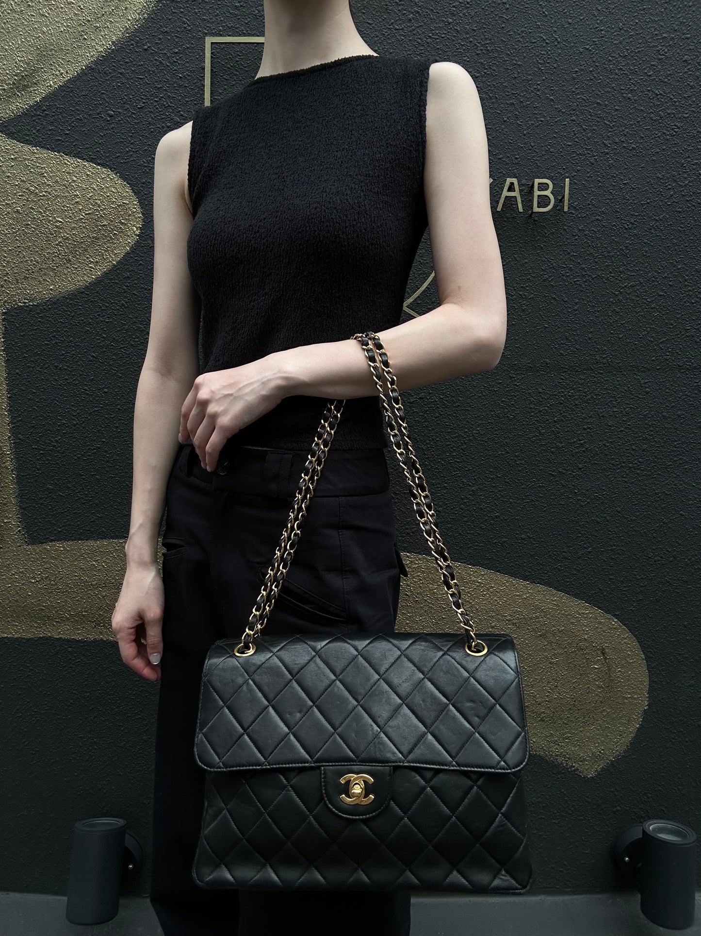 CHANEL Matelasse Classic Flap Jumbo Shoulder Bag Lambskin Black Gold Hardware