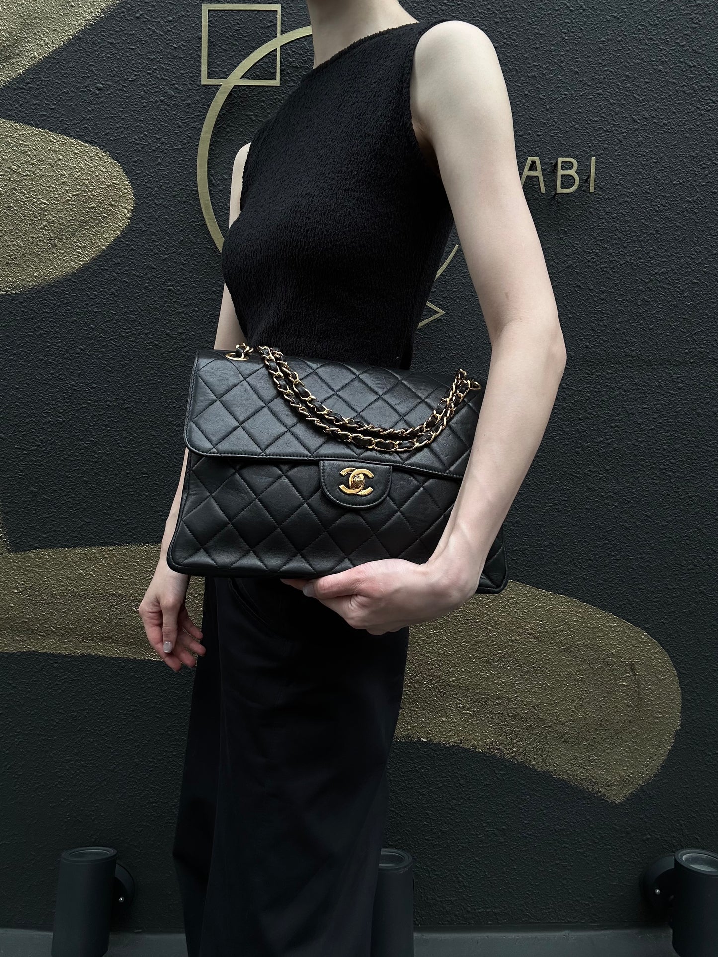 CHANEL Matelasse Classic Flap Jumbo Shoulder Bag Lambskin Black Gold Hardware