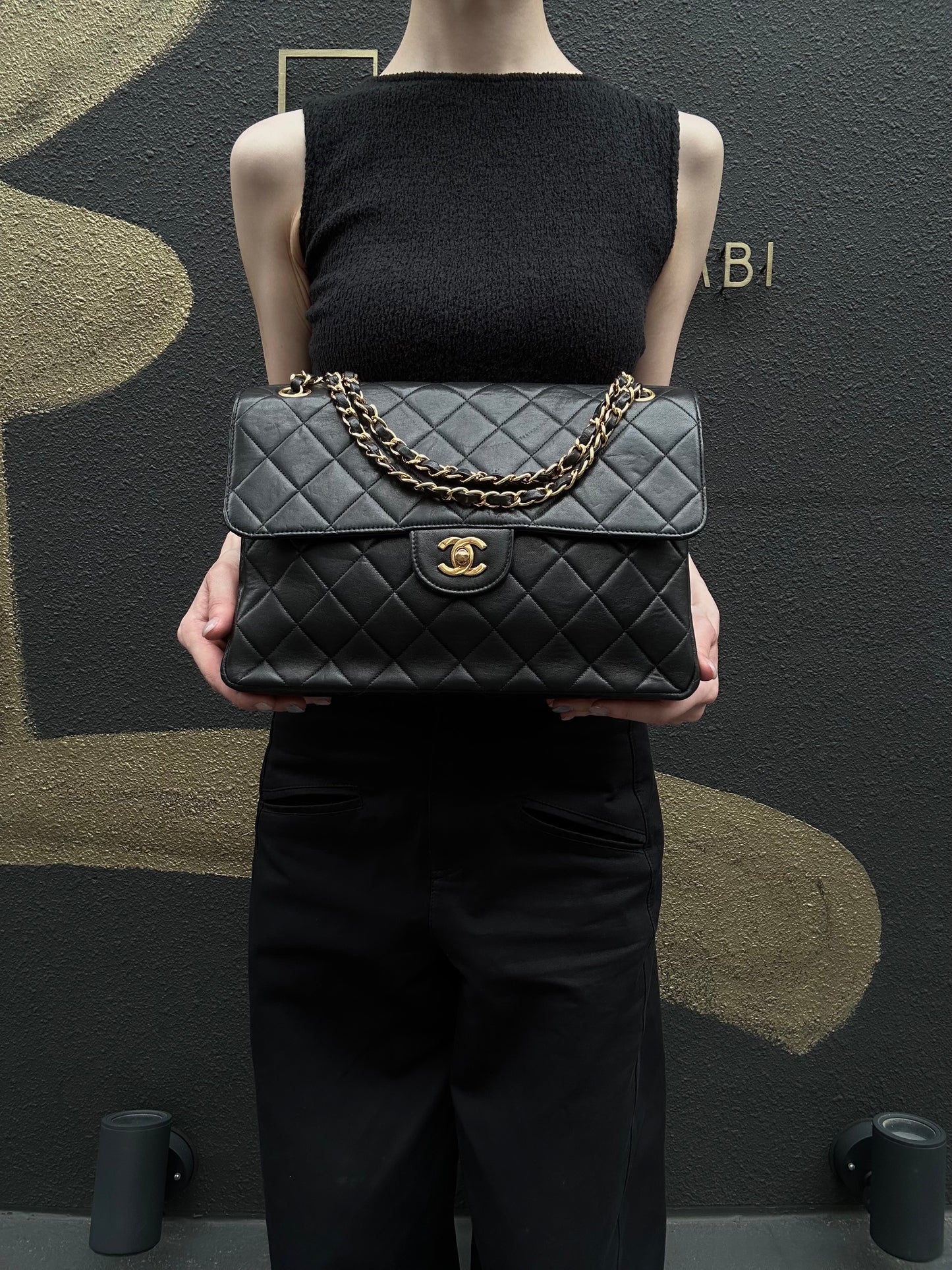 CHANEL Matelasse Classic Flap Jumbo Shoulder Bag Lambskin Black Gold Hardware