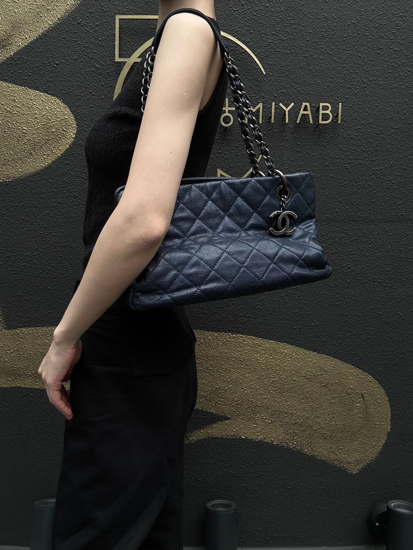 CHANEL Matelasse Calfskin Tote Shoulder Bag Navy Blue Silver Hardware