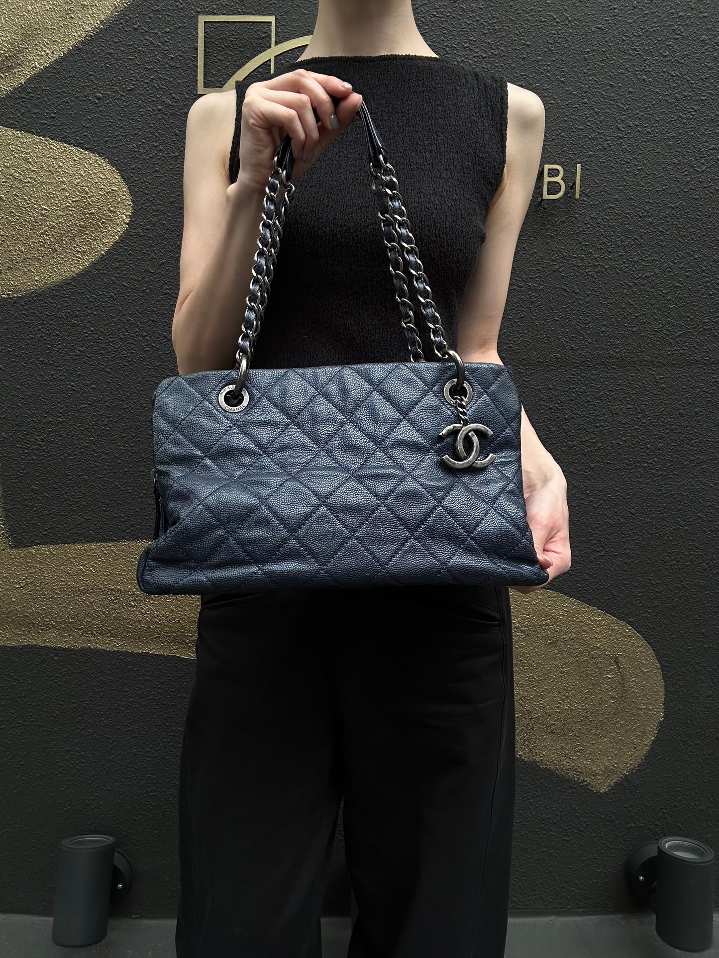 CHANEL Matelasse Calfskin Tote Shoulder Bag Navy Blue Silver Hardware