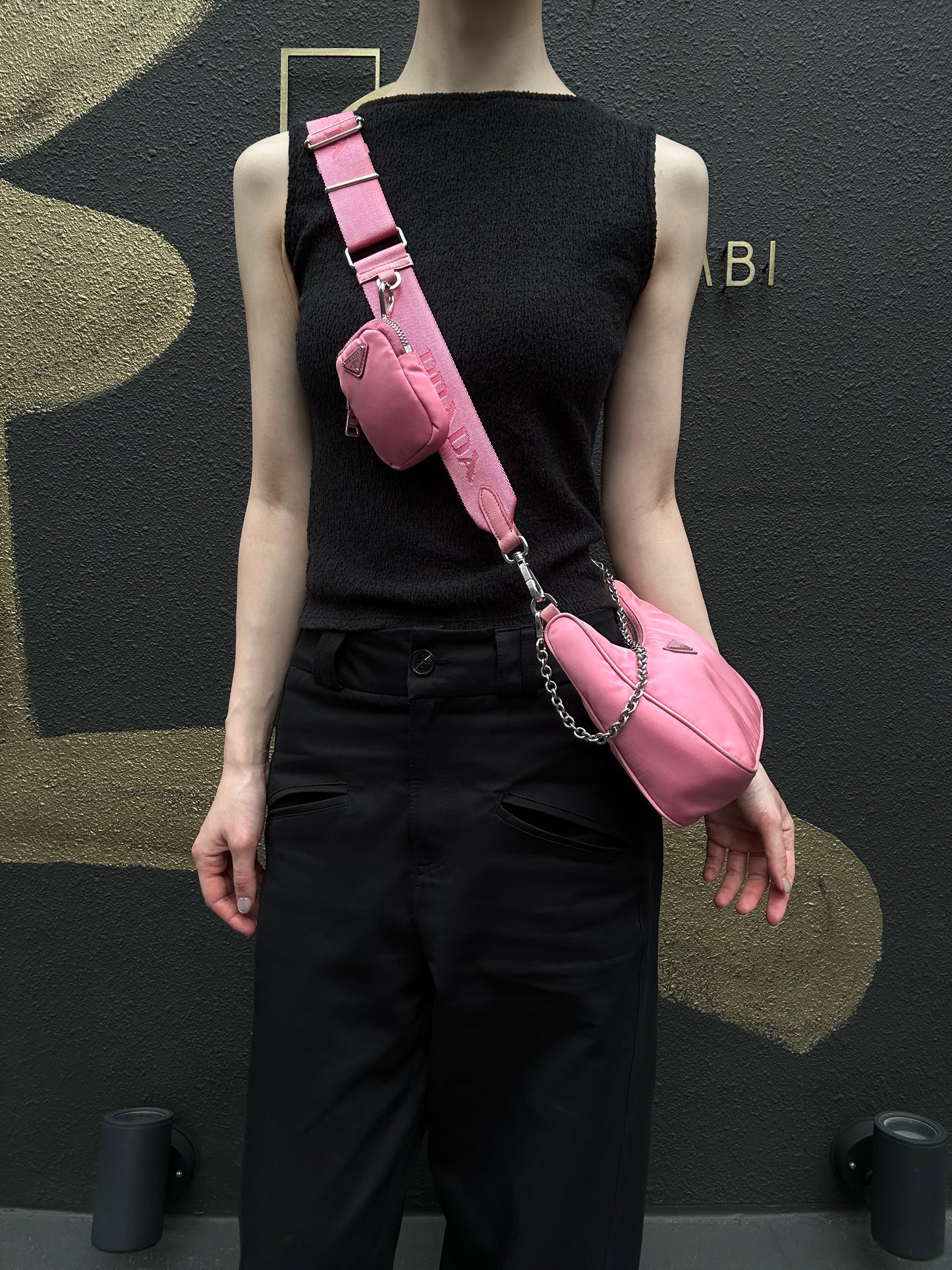 PRADA Nylon Shoulder Bag Pink with Pouch Silver-Tone Hardware