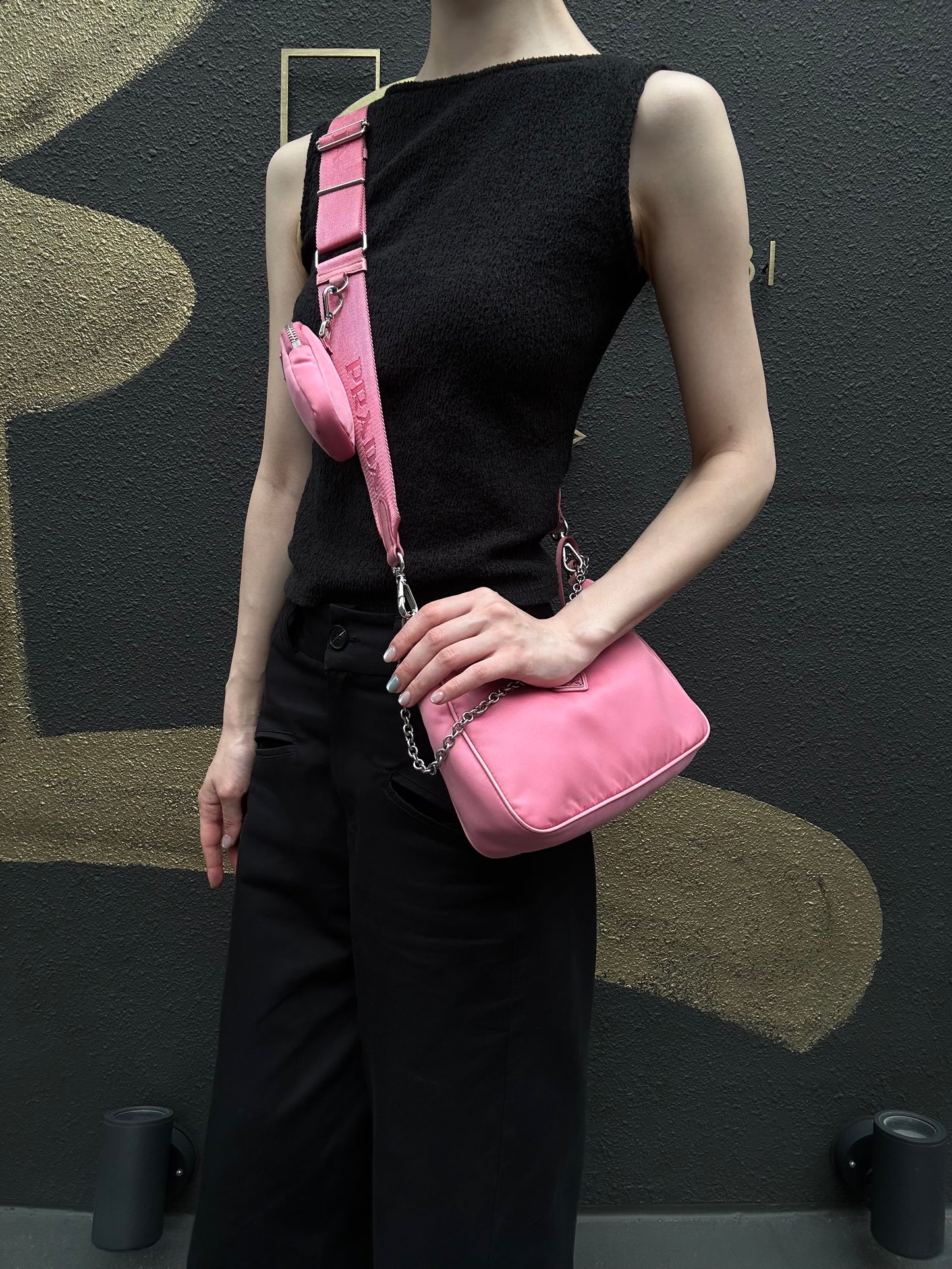PRADA Nylon Shoulder Bag Pink with Pouch Silver-Tone Hardware