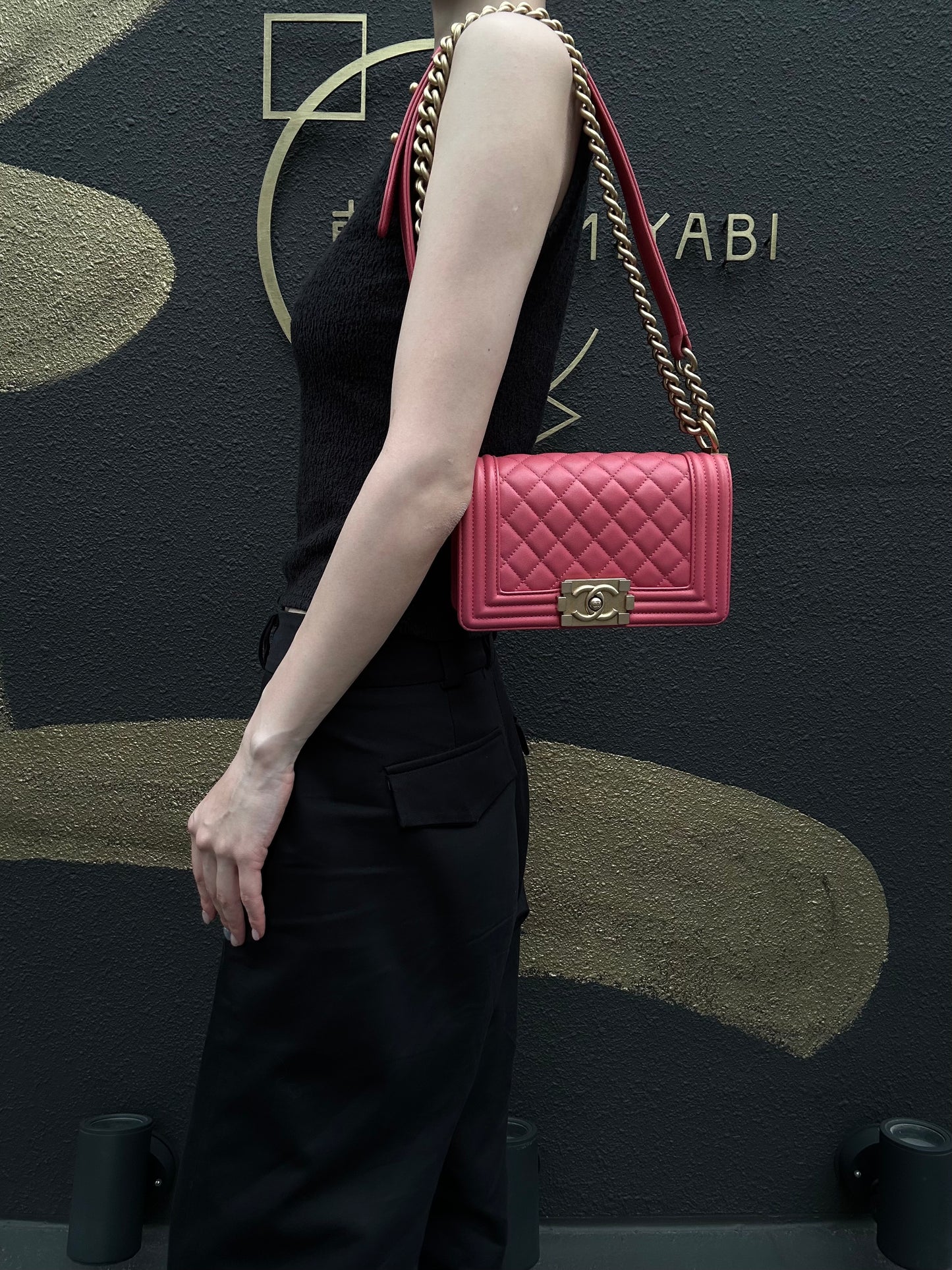 CHANEL Boy Shoulder Bag Lambskin Pink Gold Hardware