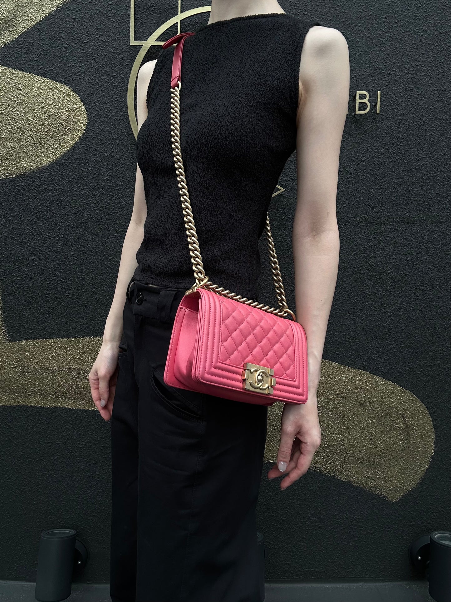 CHANEL Boy Shoulder Bag Lambskin Pink Gold Hardware