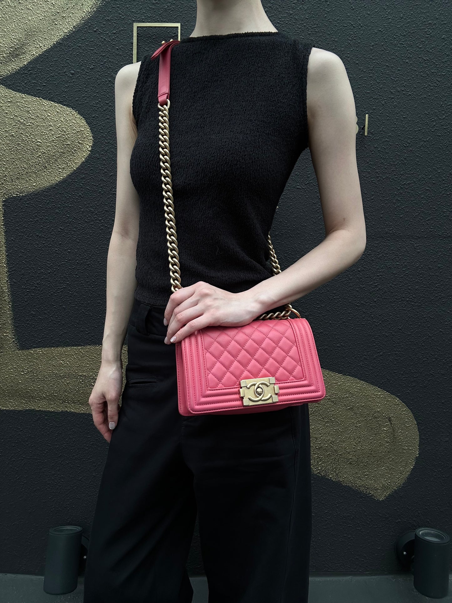CHANEL Boy Shoulder Bag Lambskin Pink Gold Hardware