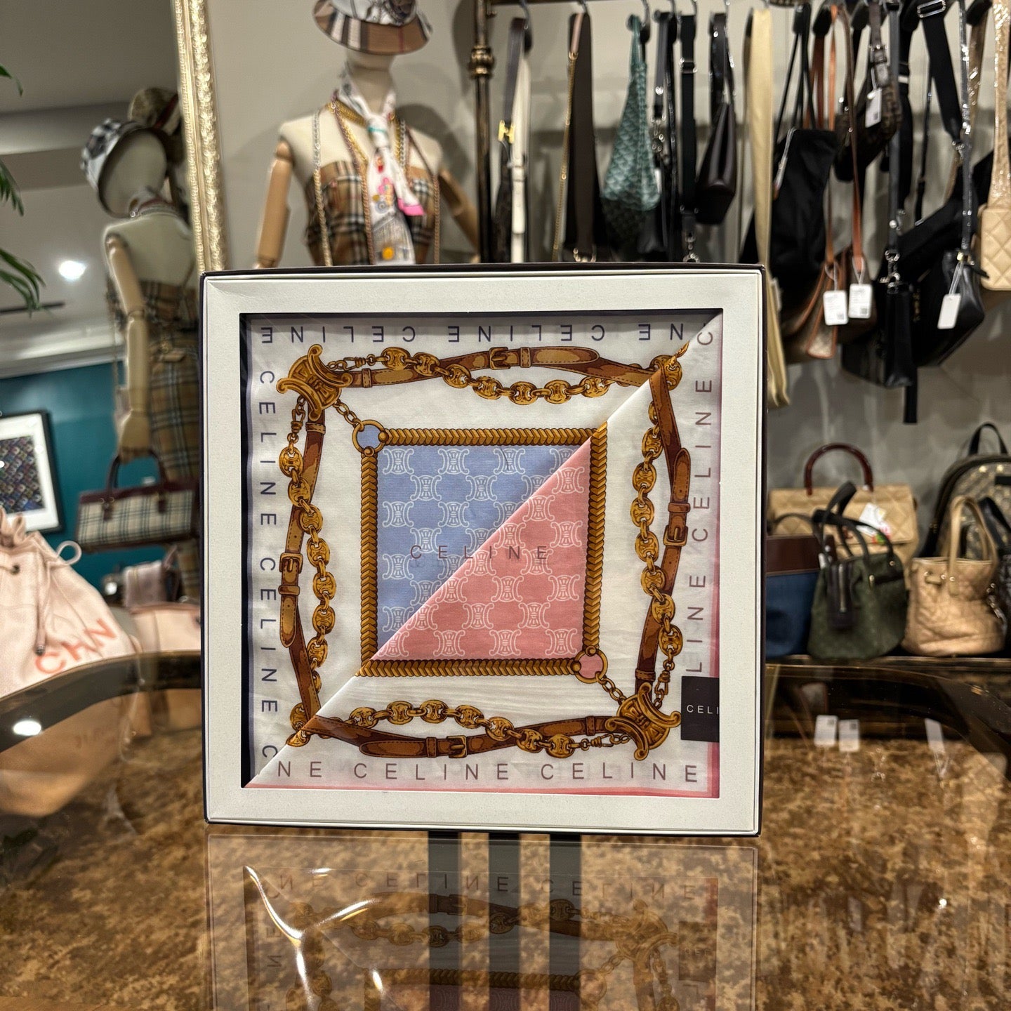 CELINE Celine Handkerchief Set of 2 Blue / Pink With Box Celine Printed Silk Scarf Set of 2