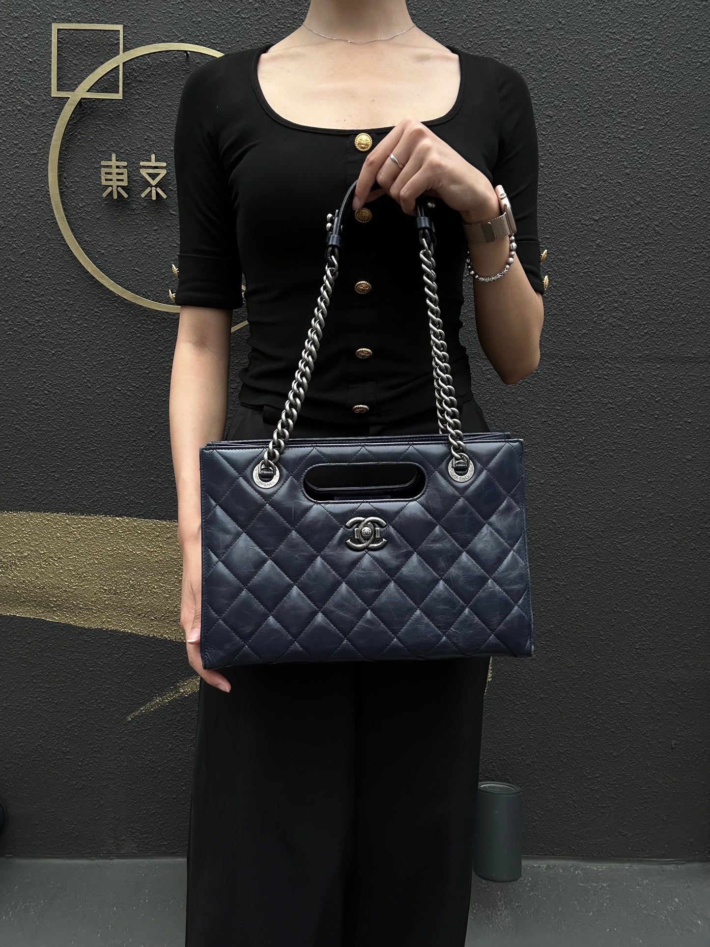 CHANEL Matelasse Lambskin Tote Bag Black Silver-Tone Hardware