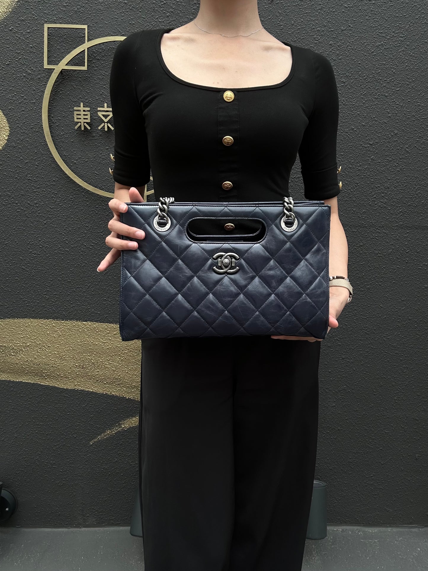 CHANEL Matelasse Lambskin Tote Bag Black Silver-Tone Hardware