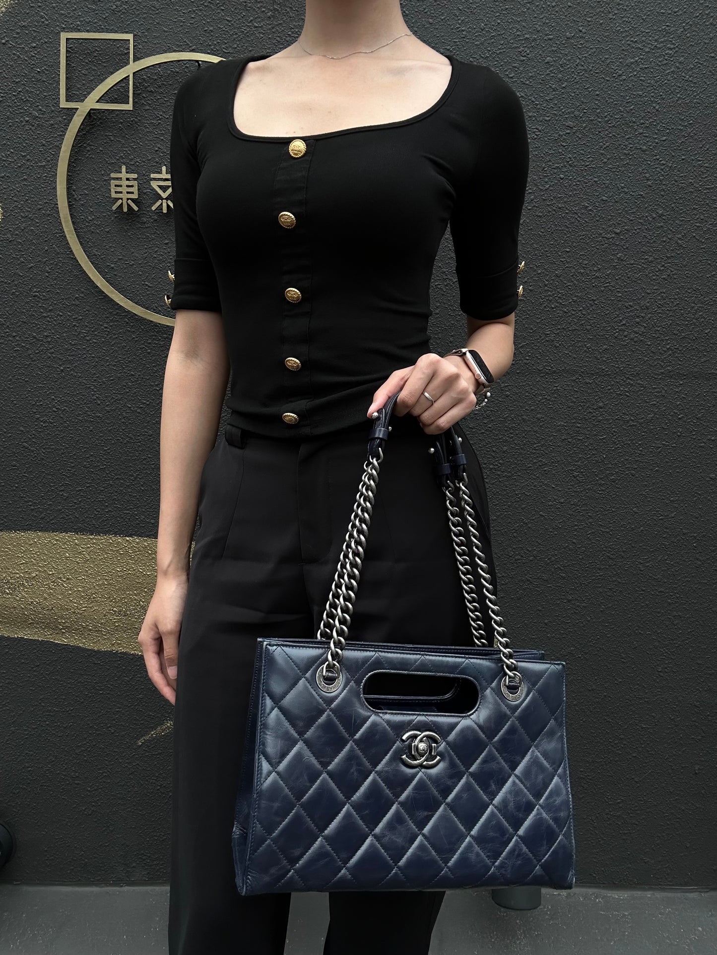 CHANEL Matelasse Lambskin Tote Bag Black Silver-Tone Hardware