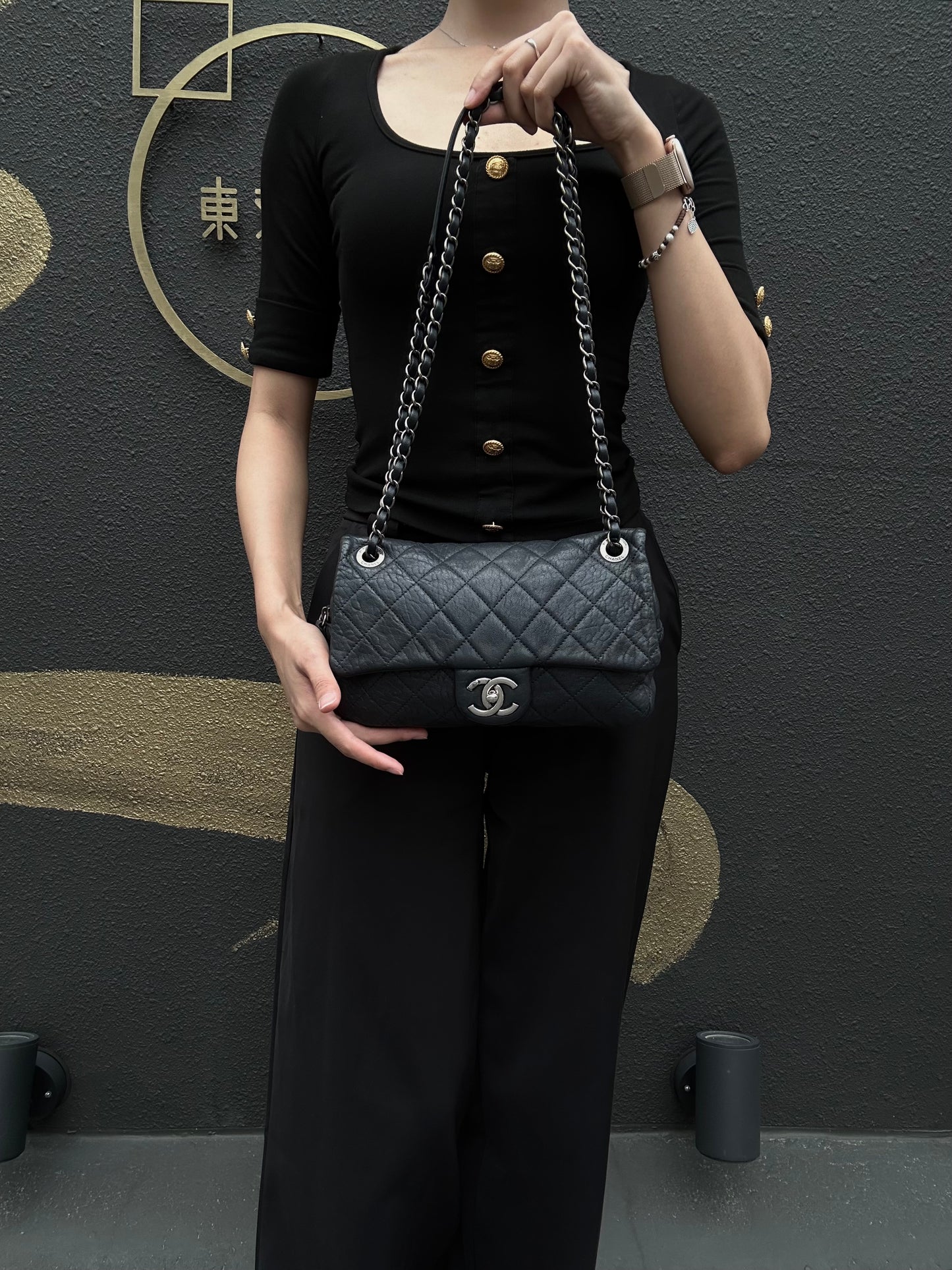 CHANEL Matelassé Shoulder Bag Black Lambskin Silver-Tone Hardware